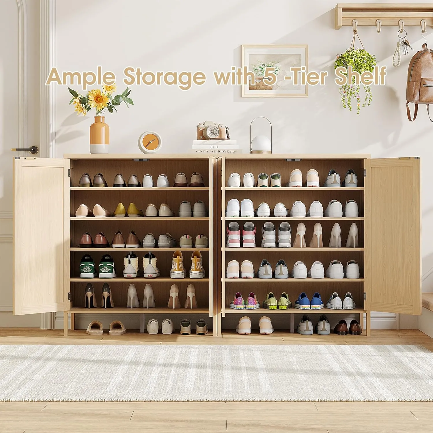 Maupvit Rattan Shoe Storage Cabinet with Doors and Shelves, Credenza Sideboard Buffet Cabinet with Storage, Rattan Accent Cabinets, Boho Shoe Organizer Cabinet for Entryway, Living Room, Dining Room