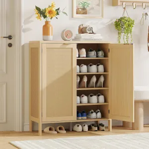 Maupvit Rattan Shoe Storage Cabinet with Doors and Shelves, Credenza Sideboard Buffet Cabinet with Storage, Rattan Accent Cabinets, Boho Shoe Organizer Cabinet for Entryway, Living Room, Dining Room