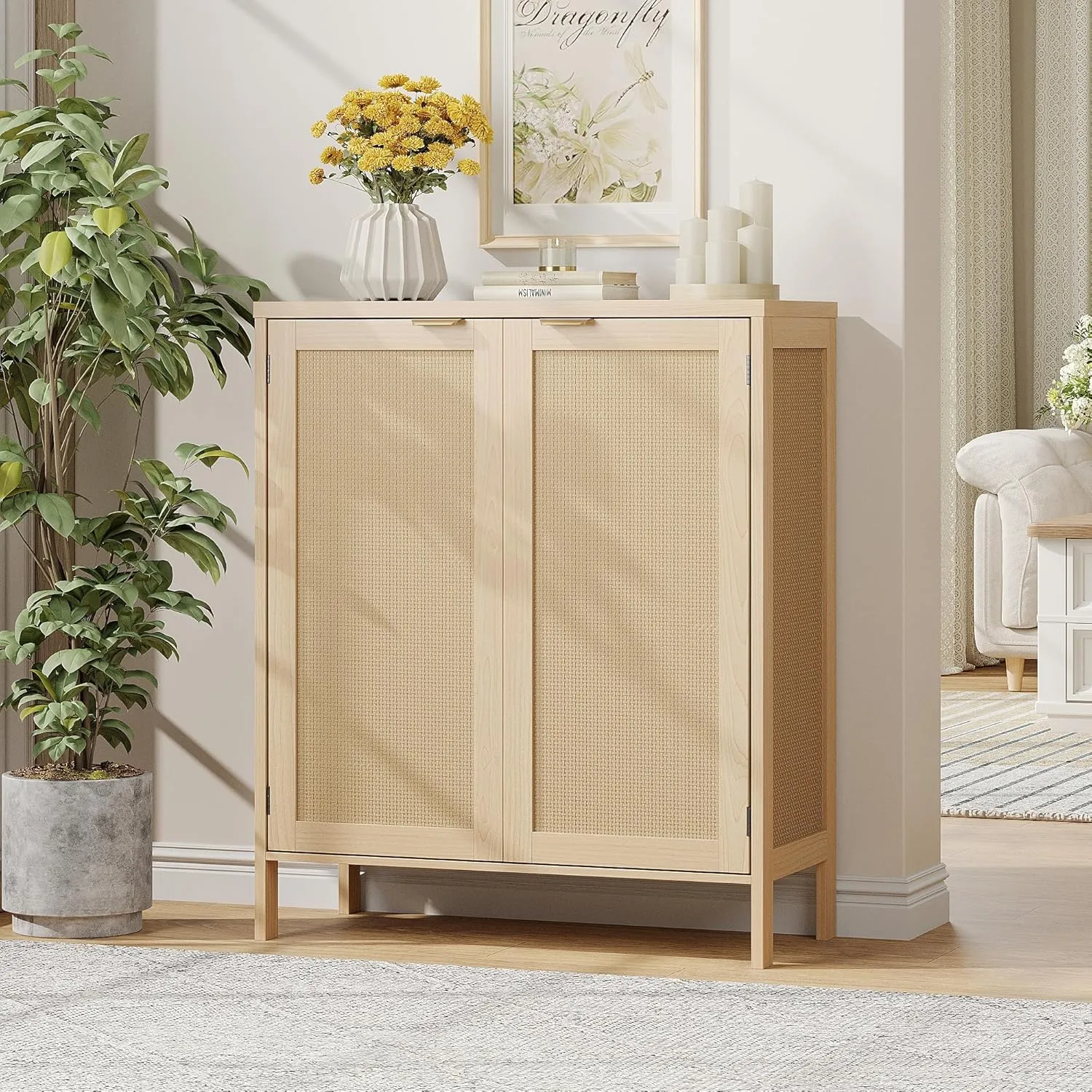 Maupvit Rattan Shoe Storage Cabinet with Doors and Shelves, Credenza Sideboard Buffet Cabinet with Storage, Rattan Accent Cabinets, Boho Shoe Organizer Cabinet for Entryway, Living Room, Dining Room