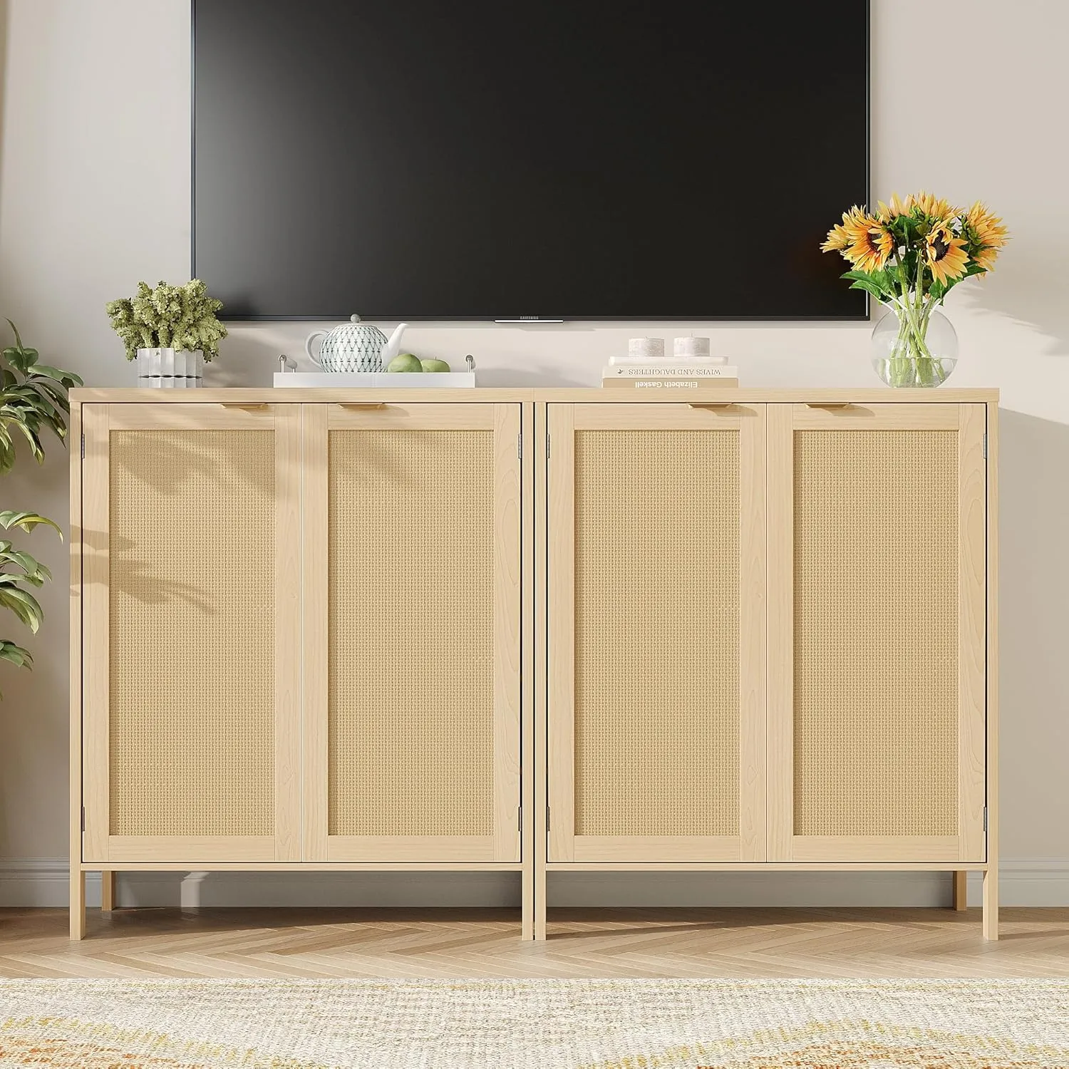 Maupvit Rattan Shoe Storage Cabinet with Doors and Shelves, Credenza Sideboard Buffet Cabinet with Storage, Rattan Accent Cabinets, Boho Shoe Organizer Cabinet for Entryway, Living Room, Dining Room