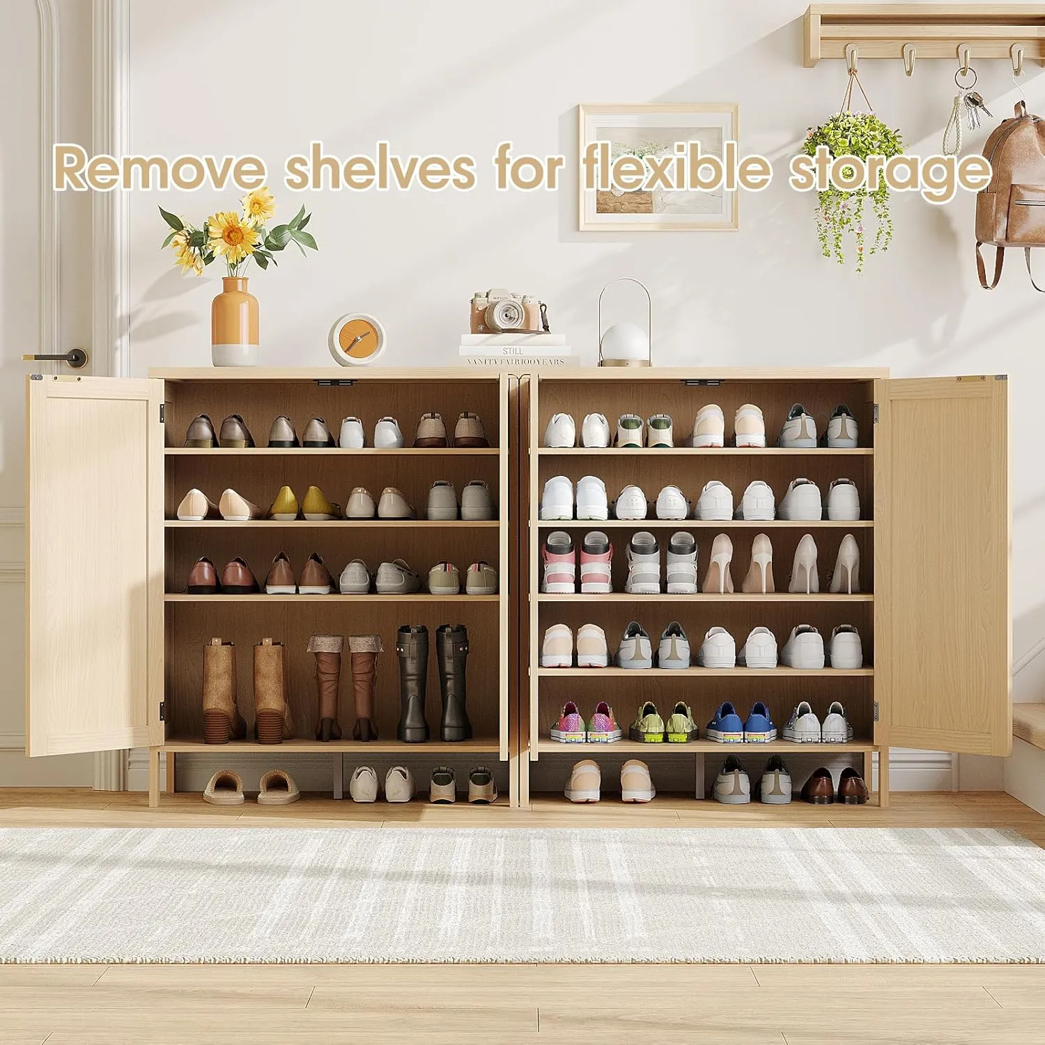 Maupvit Rattan Shoe Storage Cabinet with Doors and Shelves, Credenza Sideboard Buffet Cabinet with Storage, Rattan Accent Cabinets, Boho Shoe Organizer Cabinet for Entryway, Living Room, Dining Room
