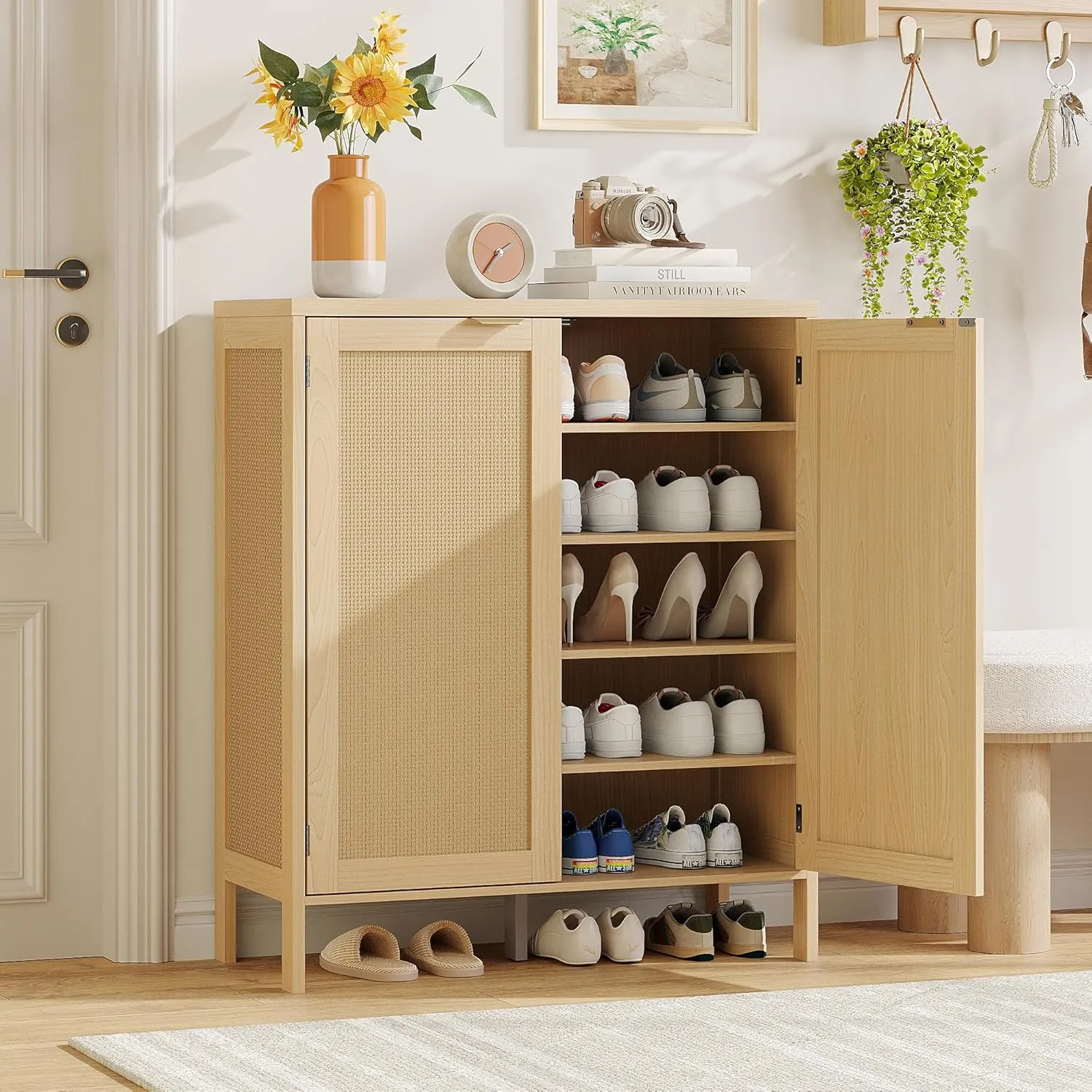 Maupvit Rattan Shoe Storage Cabinet with Doors and Shelves, Credenza Sideboard Buffet Cabinet with Storage, Rattan Accent Cabinets, Boho Shoe Organizer Cabinet for Entryway, Living Room, Dining Room