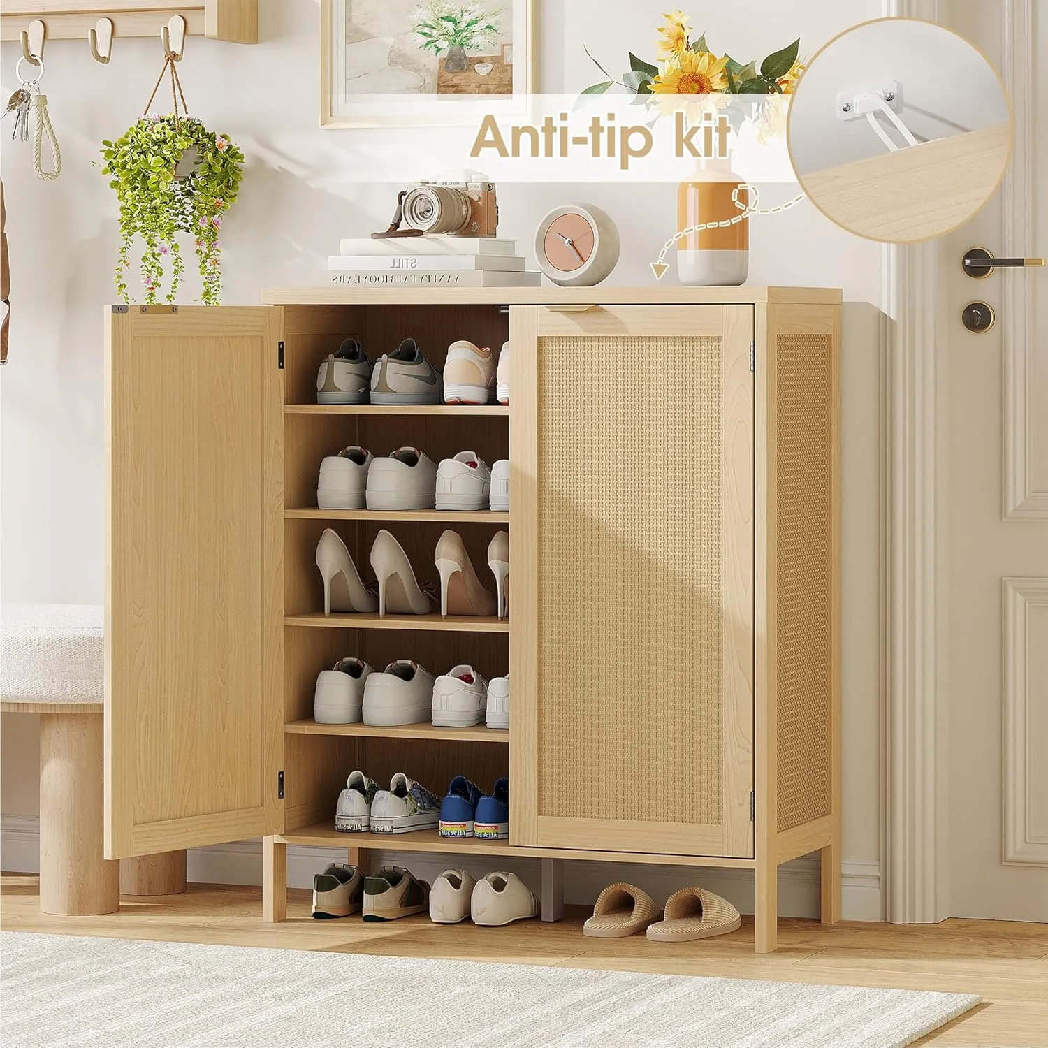 Maupvit Rattan Shoe Storage Cabinet with Doors and Shelves, Credenza Sideboard Buffet Cabinet with Storage, Rattan Accent Cabinets, Boho Shoe Organizer Cabinet for Entryway, Living Room, Dining Room