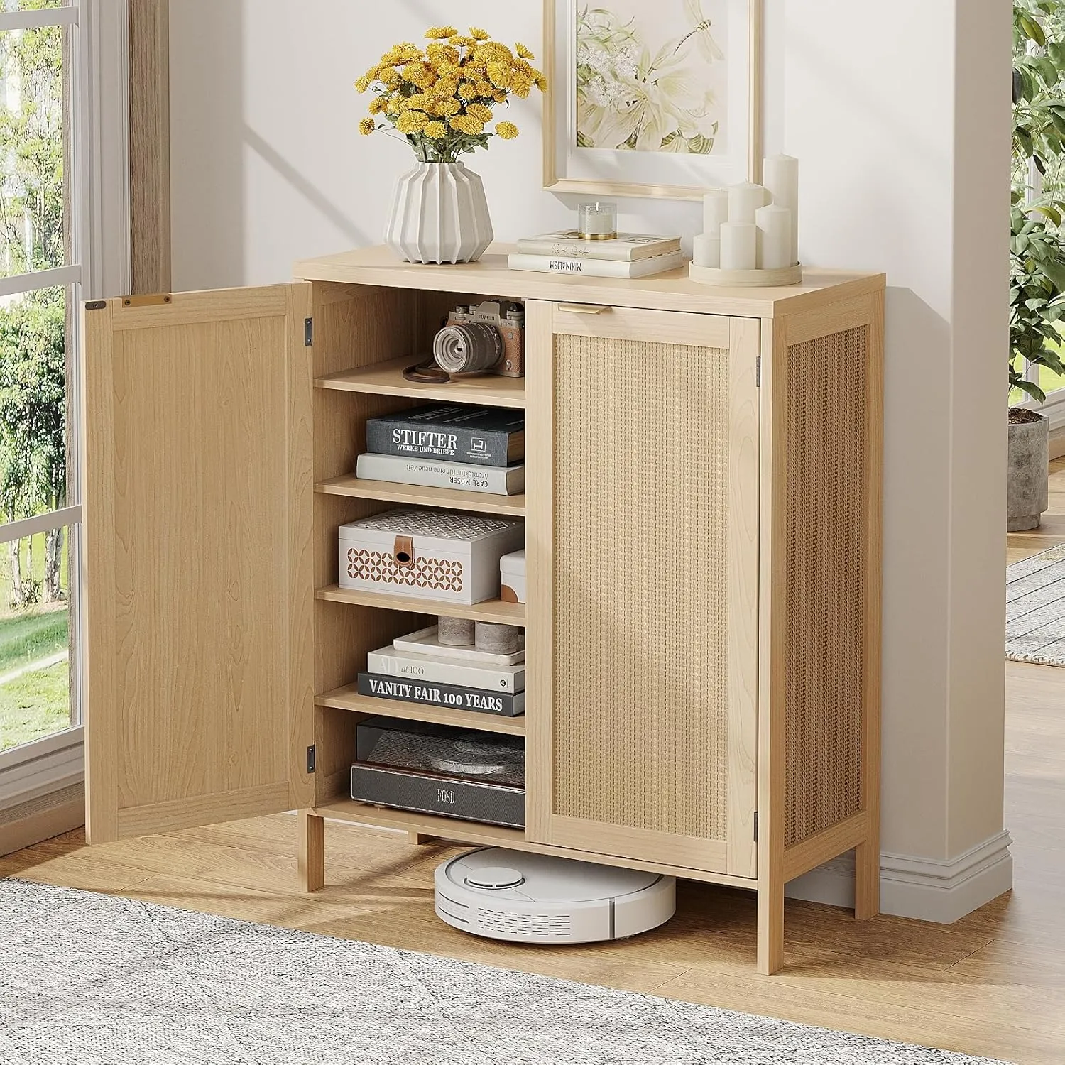 Maupvit Rattan Shoe Storage Cabinet with Doors and Shelves, Credenza Sideboard Buffet Cabinet with Storage, Rattan Accent Cabinets, Boho Shoe Organizer Cabinet for Entryway, Living Room, Dining Room
