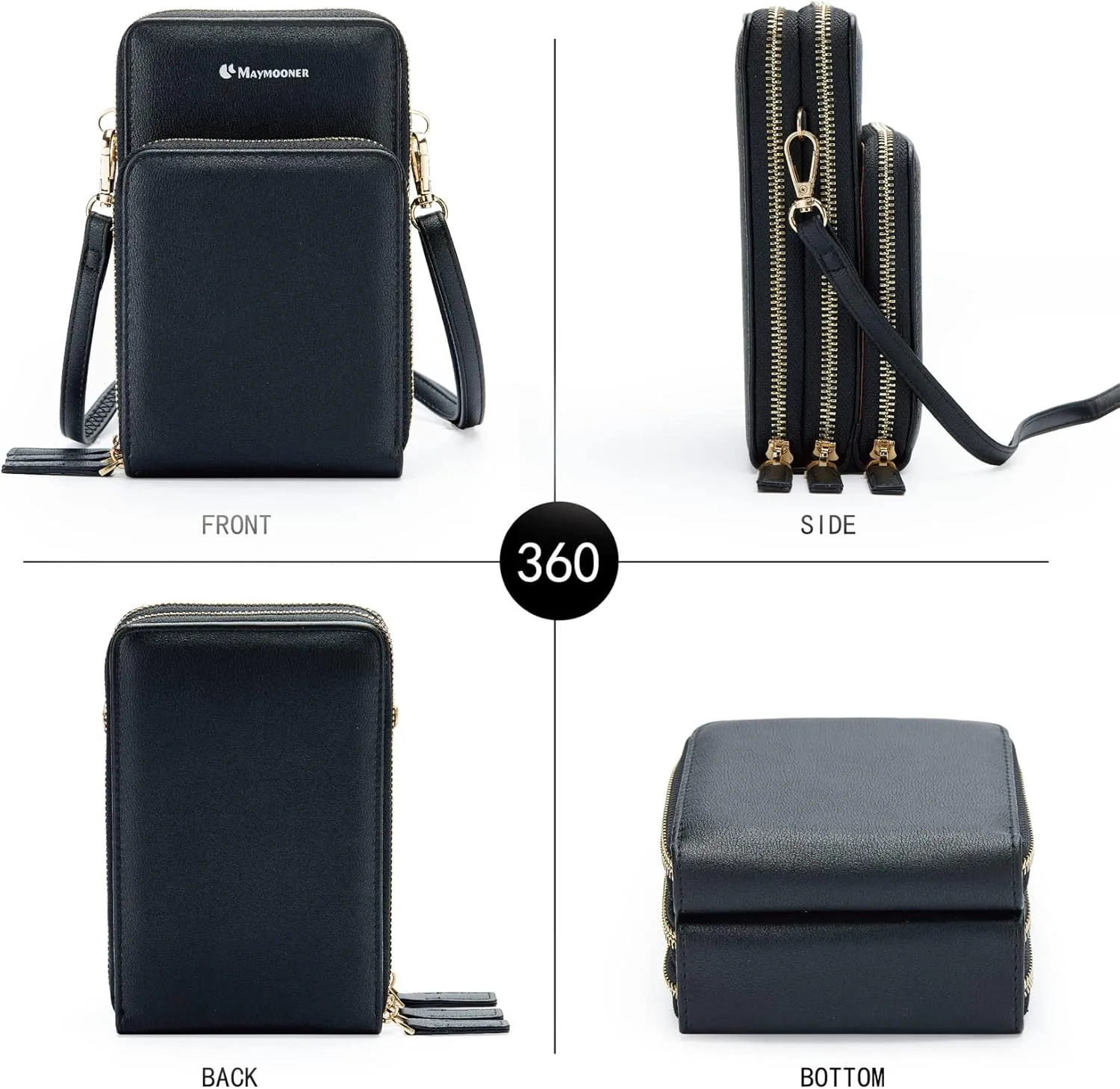 MAYMOONER Cell Phone Purse for Women, Small Crossbody Bag PU Leather with Card Slots Multiple Zipper Closure
