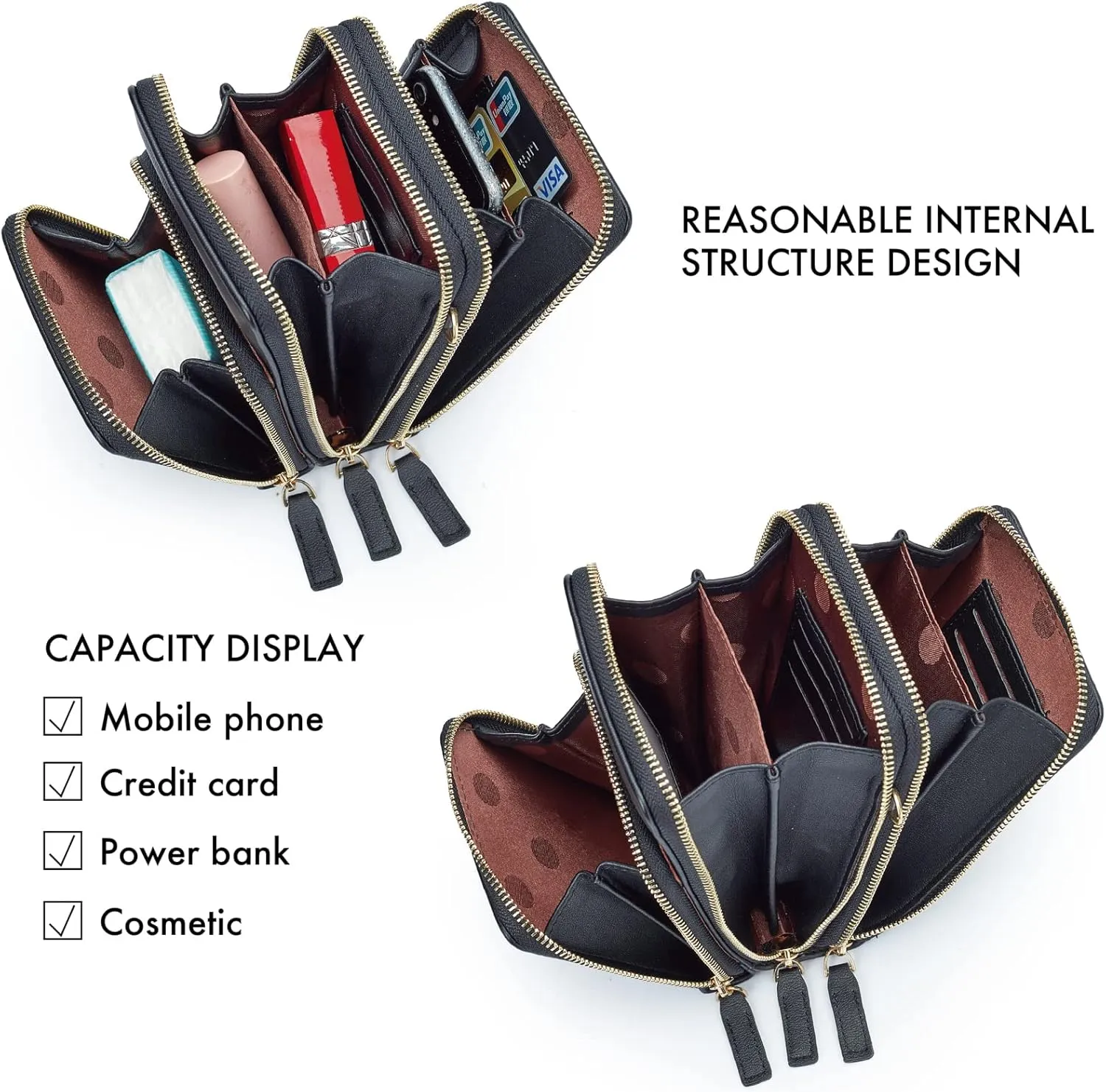 MAYMOONER Cell Phone Purse for Women, Small Crossbody Bag PU Leather with Card Slots Multiple Zipper Closure