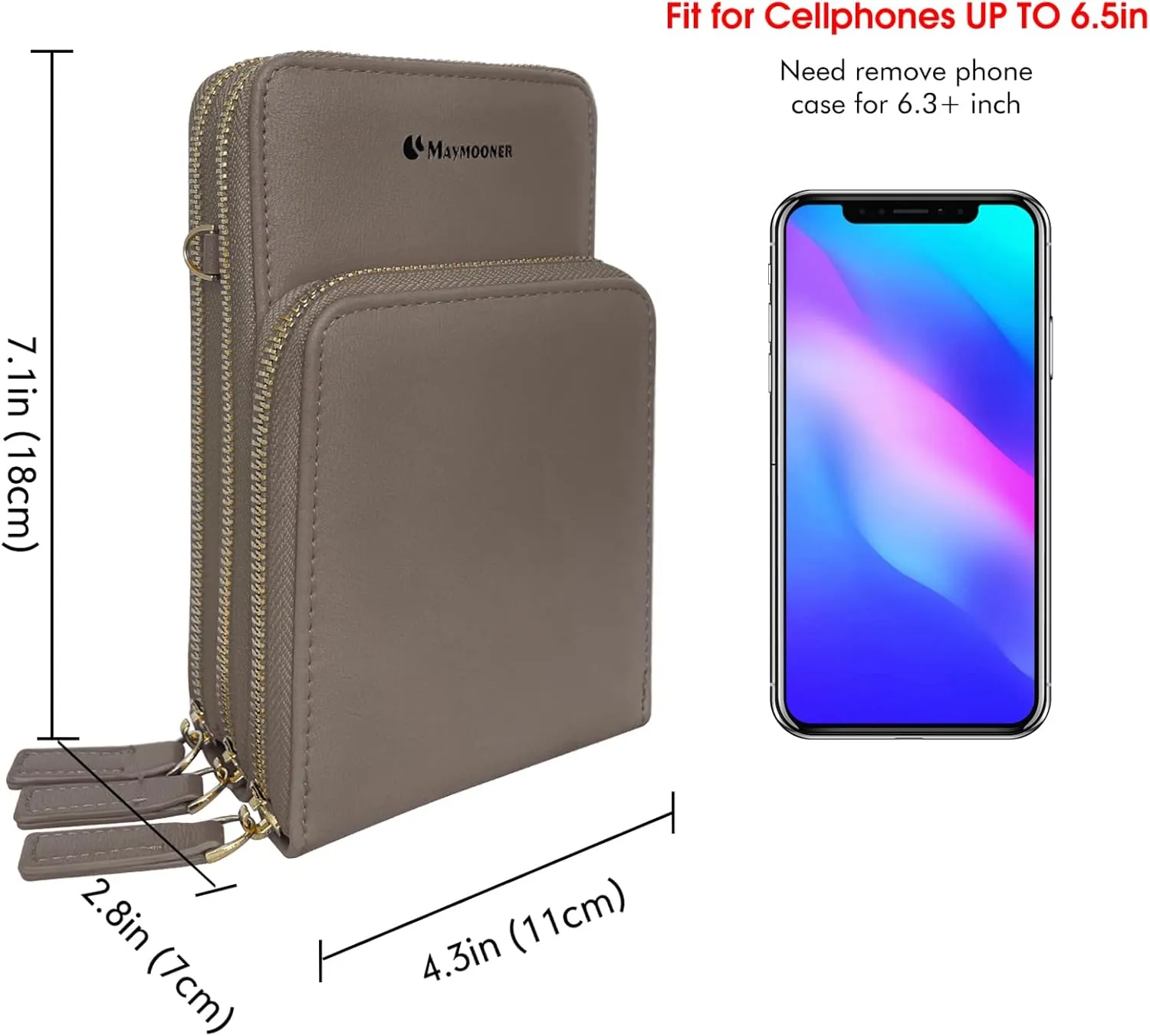 MAYMOONER Cell Phone Purse for Women, Small Crossbody Bag PU Leather with Card Slots Multiple Zipper Closure
