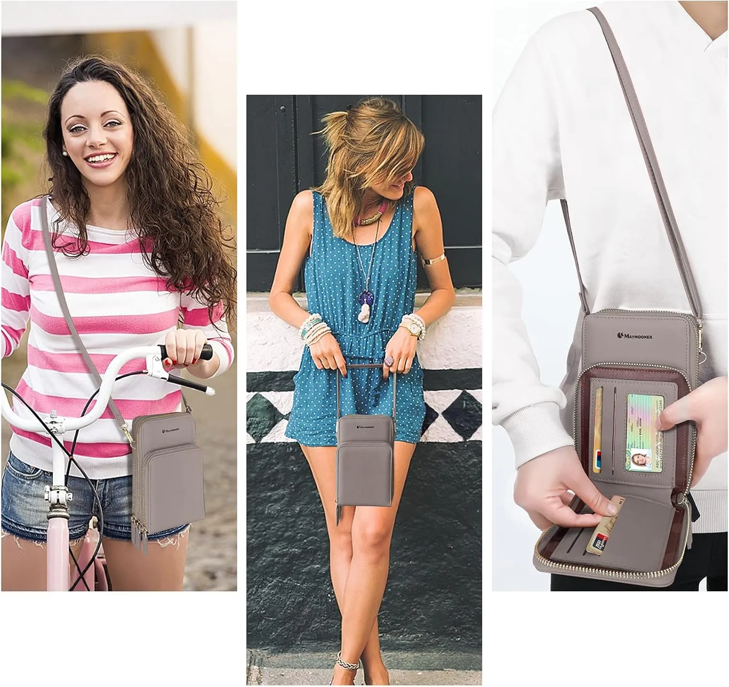 MAYMOONER Cell Phone Purse for Women, Small Crossbody Bag PU Leather with Card Slots Multiple Zipper Closure