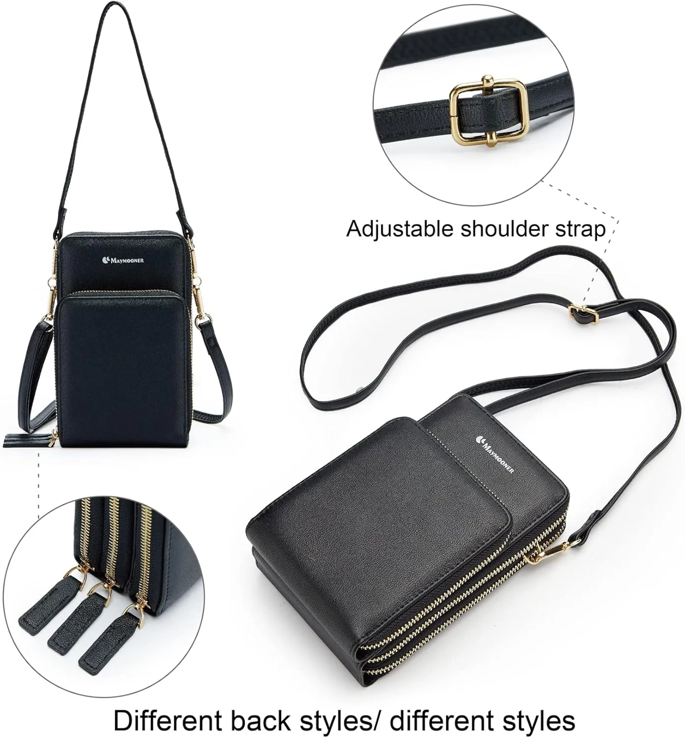 MAYMOONER Cell Phone Purse for Women, Small Crossbody Bag PU Leather with Card Slots Multiple Zipper Closure