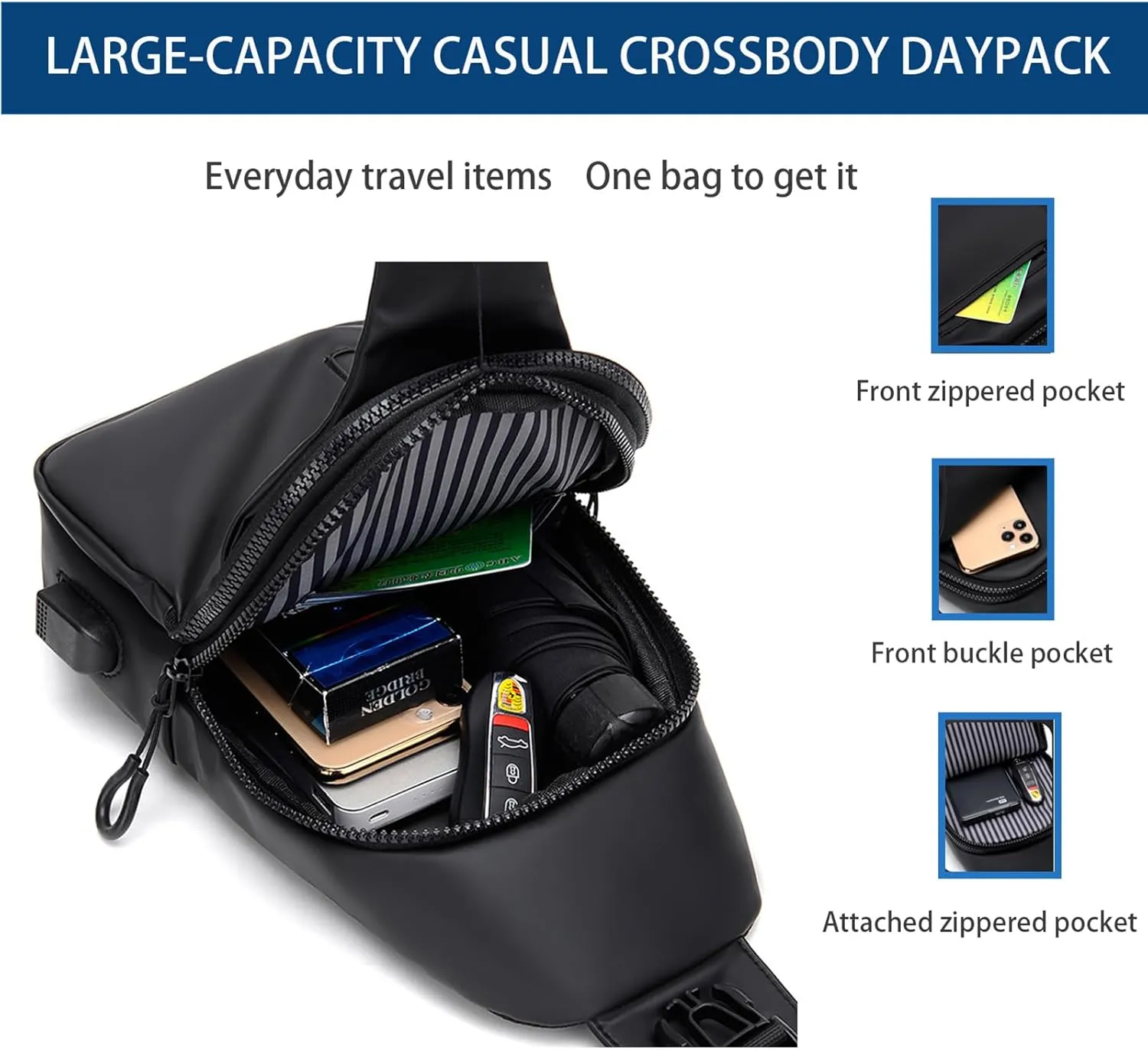 Men Crossbody Sling Backpack Multipurpose Daypack Lightweight Waterproof Casual Shoulder Chest Bag Backpack For Hiking Travel (Blue)