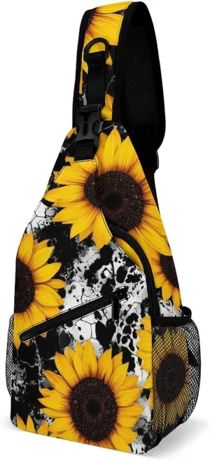 Mens Crossbody Sling Bag Chest Backpack with Adjustable Shoulder Strap Fanny Pack Gym Bag 80s Vintage Cow Print Sunflowers Shoulder Daypack