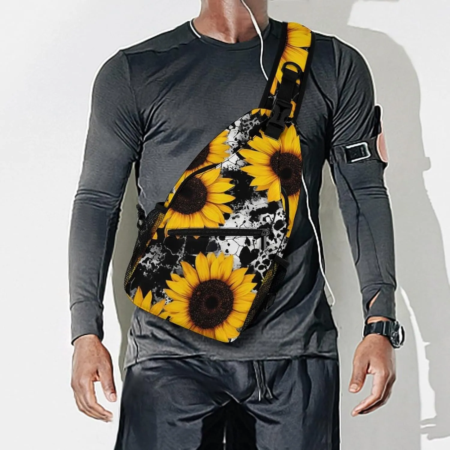 Mens Crossbody Sling Bag Chest Backpack with Adjustable Shoulder Strap Fanny Pack Gym Bag 80s Vintage Cow Print Sunflowers Shoulder Daypack