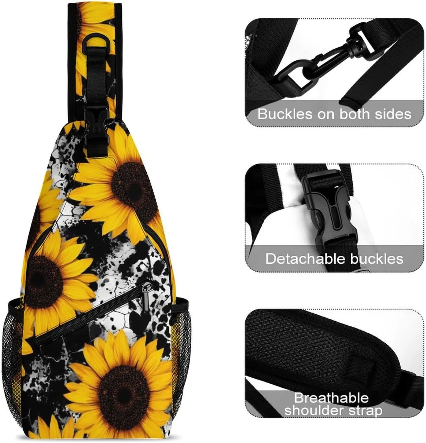 Mens Crossbody Sling Bag Chest Backpack with Adjustable Shoulder Strap Fanny Pack Gym Bag 80s Vintage Cow Print Sunflowers Shoulder Daypack