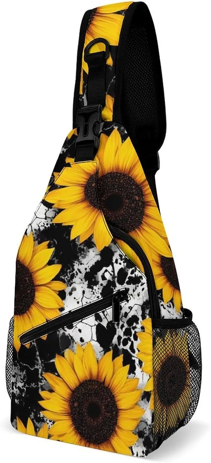 Mens Crossbody Sling Bag Chest Backpack with Adjustable Shoulder Strap Fanny Pack Gym Bag 80s Vintage Cow Print Sunflowers Shoulder Daypack