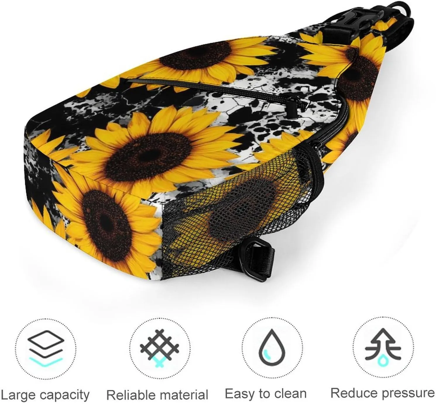 Mens Crossbody Sling Bag Chest Backpack with Adjustable Shoulder Strap Fanny Pack Gym Bag 80s Vintage Cow Print Sunflowers Shoulder Daypack