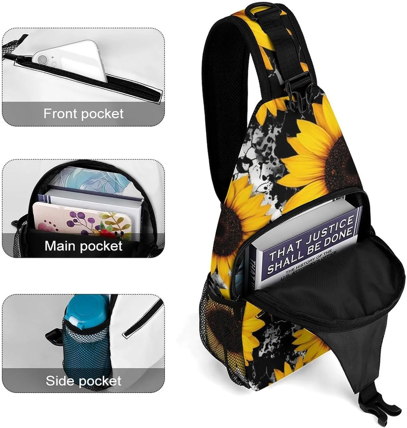 Mens Crossbody Sling Bag Chest Backpack with Adjustable Shoulder Strap Fanny Pack Gym Bag 80s Vintage Cow Print Sunflowers Shoulder Daypack