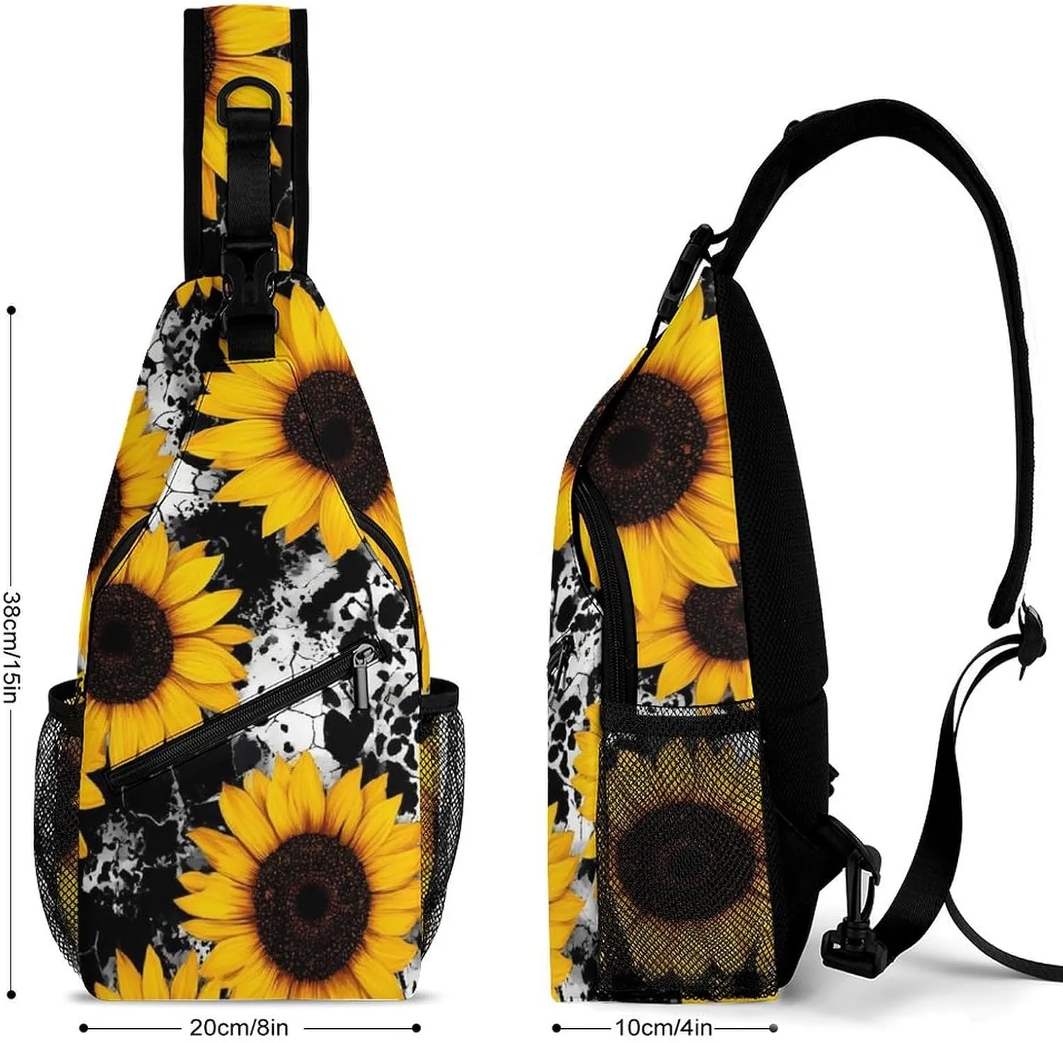 Mens Crossbody Sling Bag Chest Backpack with Adjustable Shoulder Strap Fanny Pack Gym Bag 80s Vintage Cow Print Sunflowers Shoulder Daypack