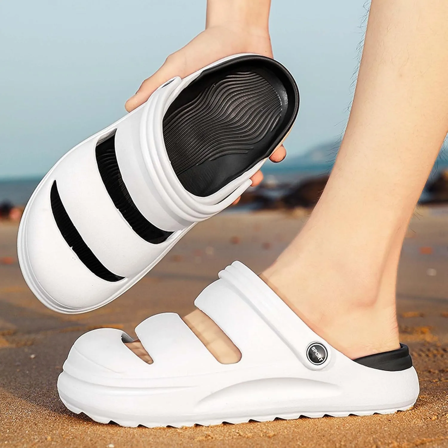 Men's Graffiti Toe Closed Shallow Breathable Beach Water Shoes, Lightweight Casual Anti Slip Chef Shoes, Wide Casual Garden Shoes, Lightweight Comfortable Walking Shoes