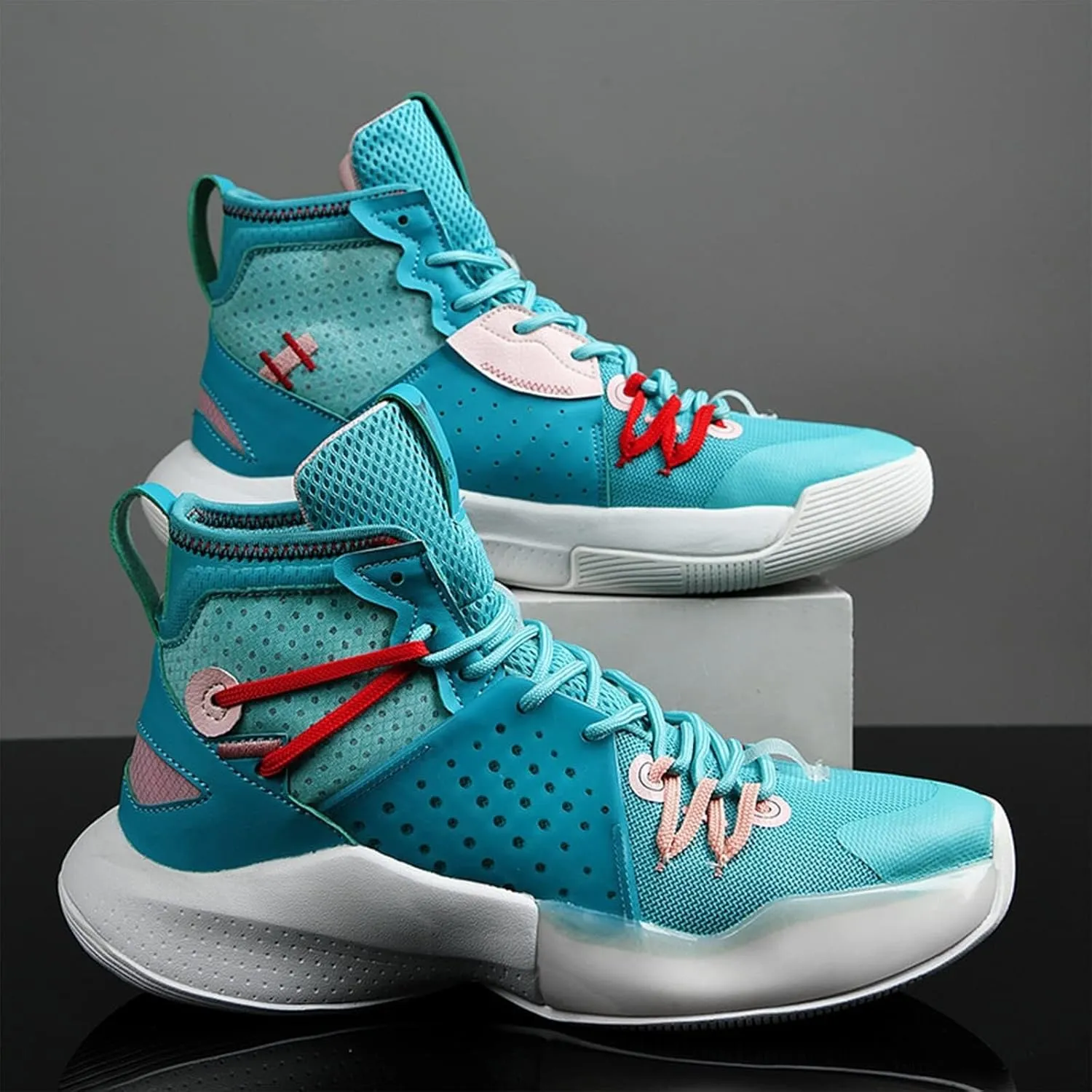 Men's High Top Basketball Shoes Fashionable Breathable Running Sports Anti Slip Training Boots(Cyan,8.5)