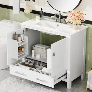 Merax 36" Bathroom Vanity with Ceramic Sink, Soft-Close Doors, Double Storage Shelves and Divided Drawer – Modern Bathroom Cabinet with Ample Storage, White