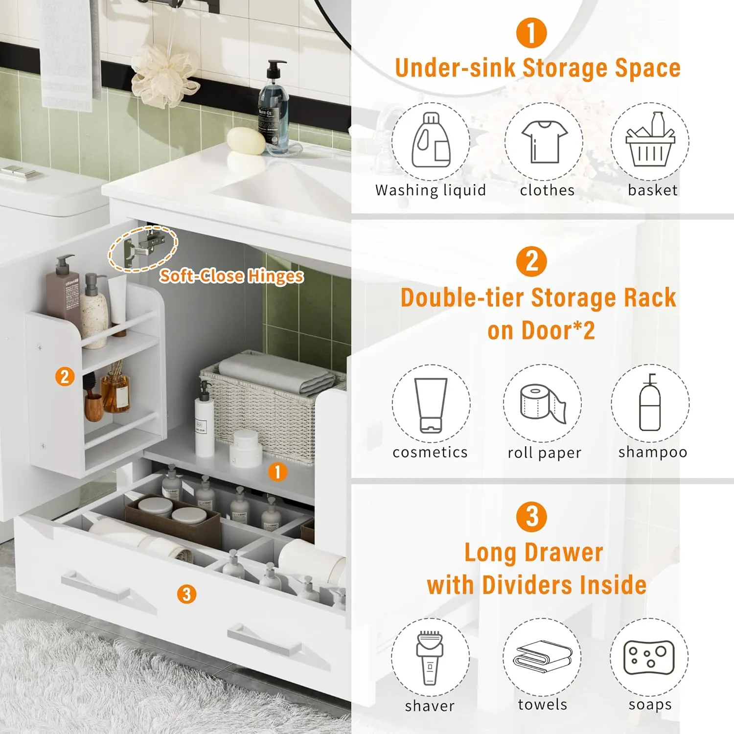 Merax 36" Bathroom Vanity with Ceramic Sink, Soft-Close Doors, Double Storage Shelves and Divided Drawer – Modern Bathroom Cabinet with Ample Storage, White