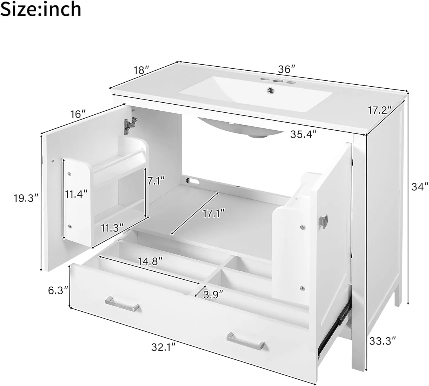 Merax 36" Bathroom Vanity with Ceramic Sink, Soft-Close Doors, Double Storage Shelves and Divided Drawer – Modern Bathroom Cabinet with Ample Storage, White