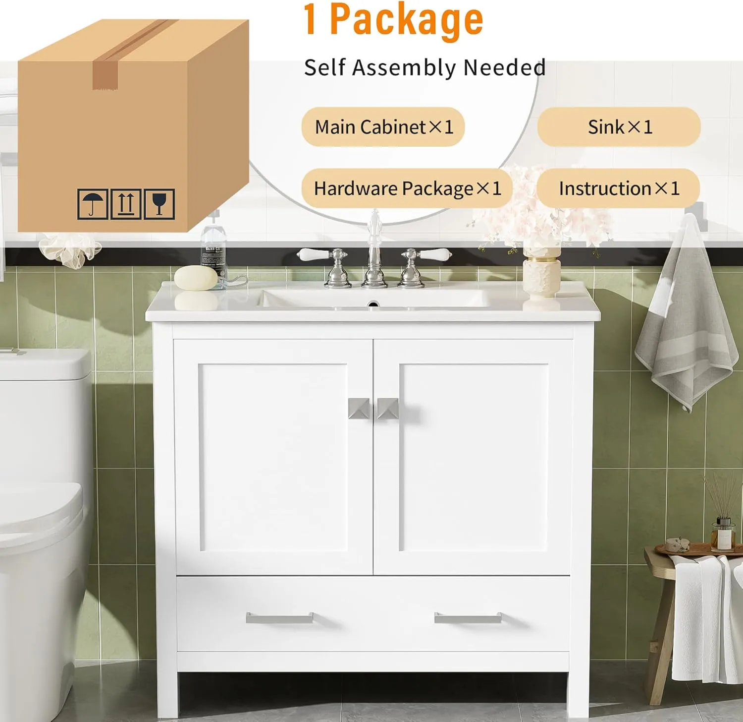 Merax 36" Bathroom Vanity with Ceramic Sink, Soft-Close Doors, Double Storage Shelves and Divided Drawer – Modern Bathroom Cabinet with Ample Storage, White