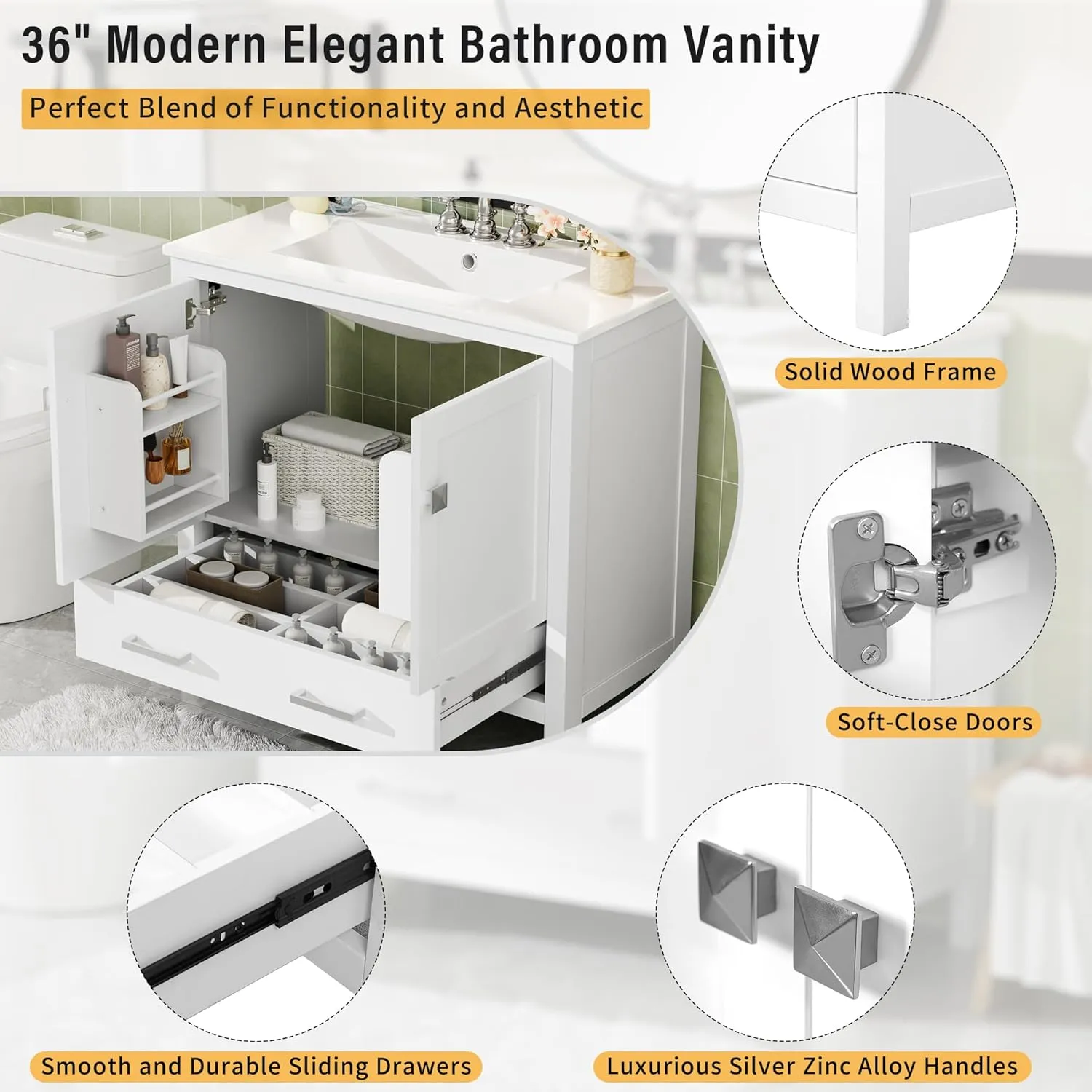 Merax 36" Bathroom Vanity with Ceramic Sink, Soft-Close Doors, Double Storage Shelves and Divided Drawer – Modern Bathroom Cabinet with Ample Storage, White