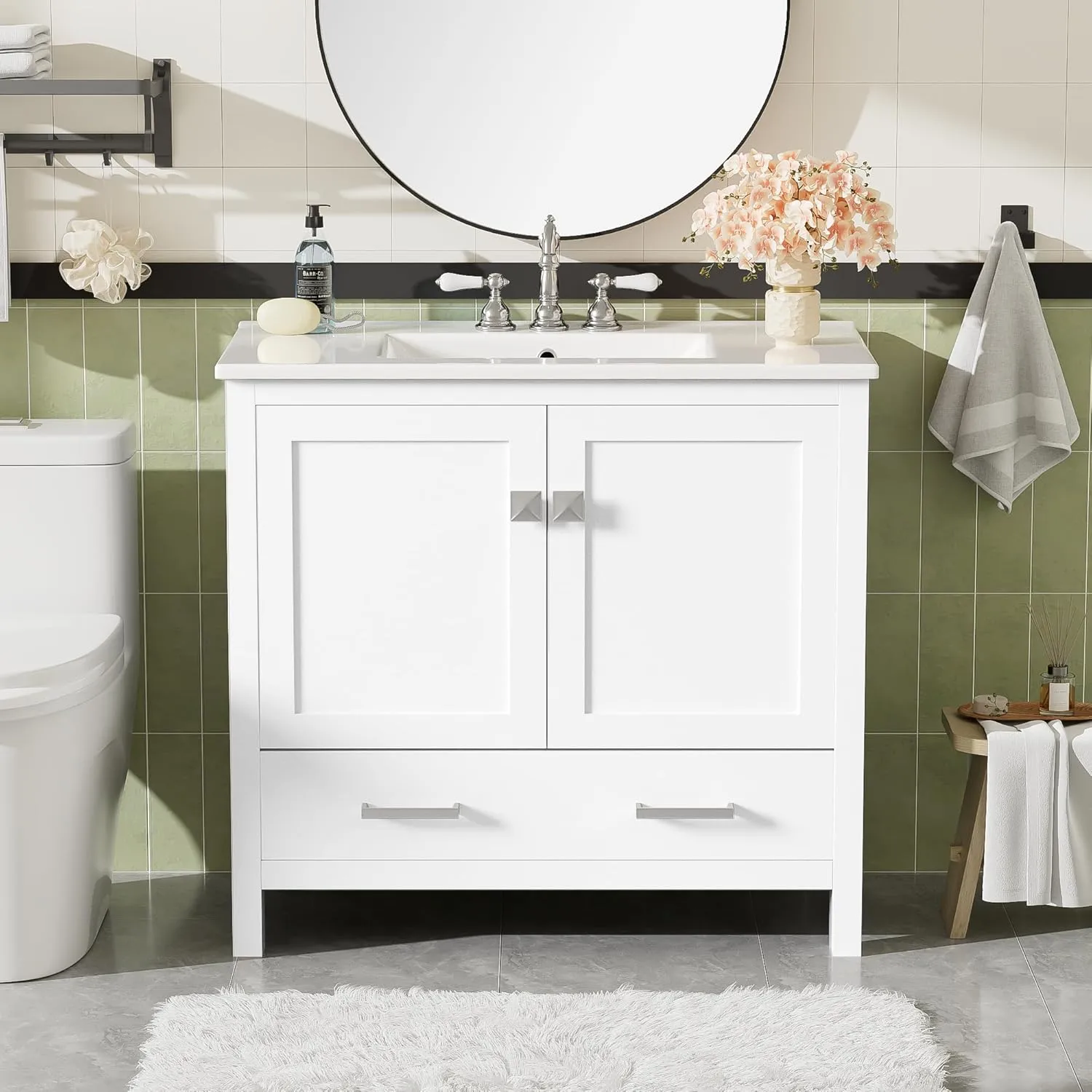 Merax 36" Bathroom Vanity with Ceramic Sink, Soft-Close Doors, Double Storage Shelves and Divided Drawer – Modern Bathroom Cabinet with Ample Storage, White