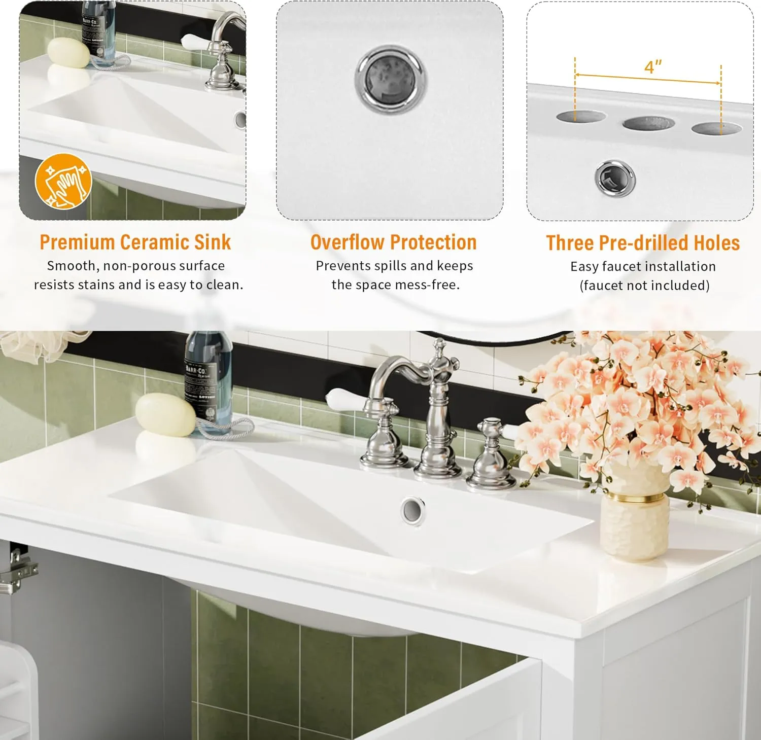 Merax 36" Bathroom Vanity with Ceramic Sink, Soft-Close Doors, Double Storage Shelves and Divided Drawer – Modern Bathroom Cabinet with Ample Storage, White