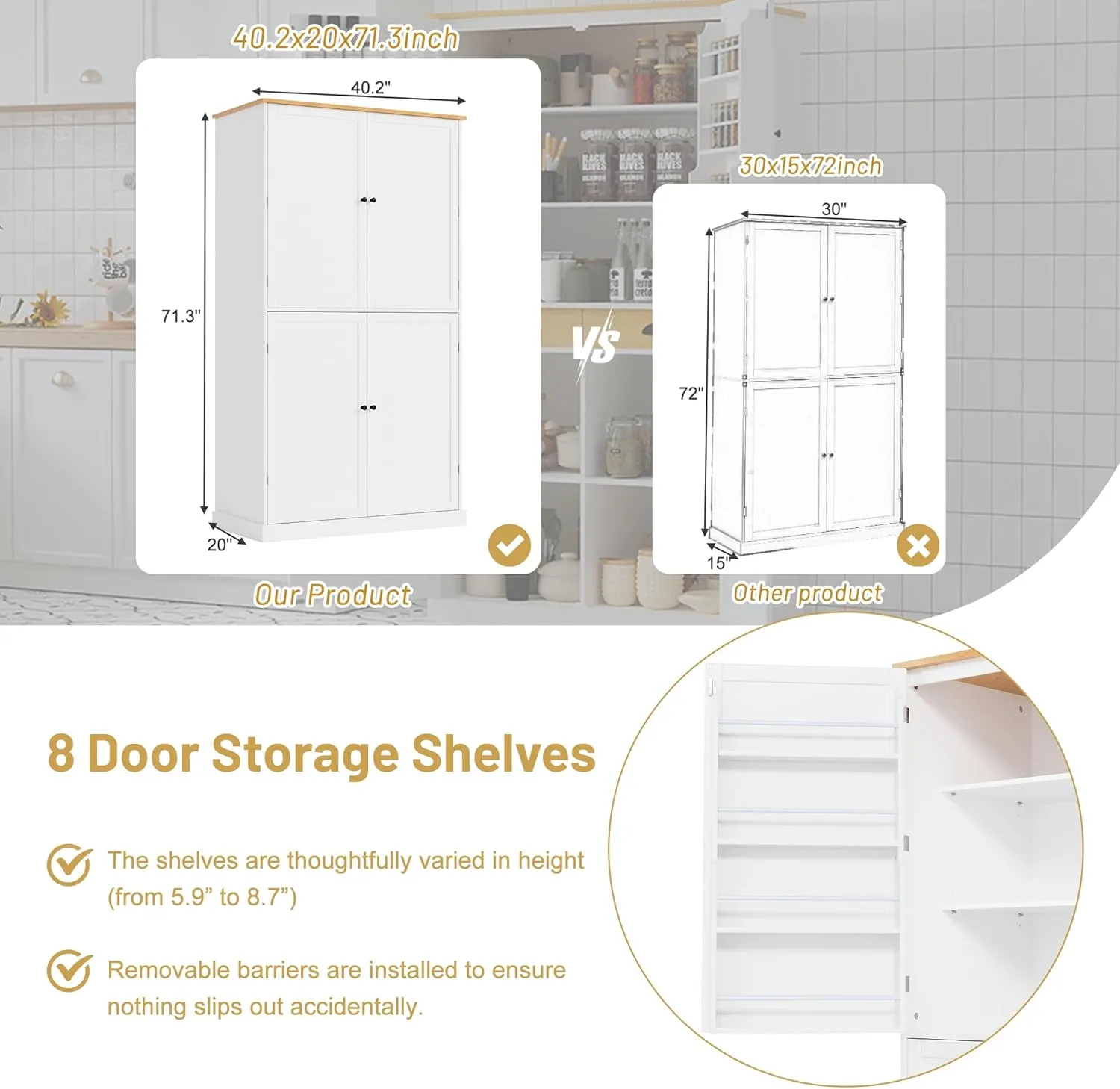 Merax Tall Kitchen Storage Cabinet Pantry Farmhouse Freestanding Large Cupboard with 2 Drawers,2 Adjustable Shelves,8 Shelf for Dining Room,White, 71.3"(w Door)