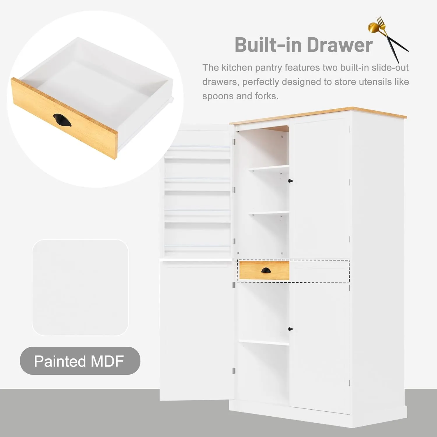 Merax Tall Kitchen Storage Cabinet Pantry Farmhouse Freestanding Large Cupboard with 2 Drawers,2 Adjustable Shelves,8 Shelf for Dining Room,White, 71.3"(w Door)