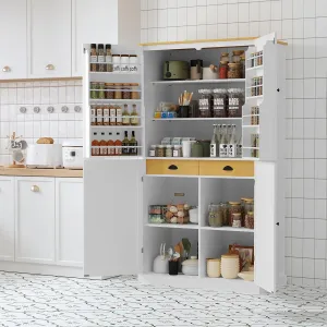 Merax Tall Kitchen Storage Cabinet Pantry Farmhouse Freestanding Large Cupboard with 2 Drawers,2 Adjustable Shelves,8 Shelf for Dining Room,White, 71.3"(w Door)