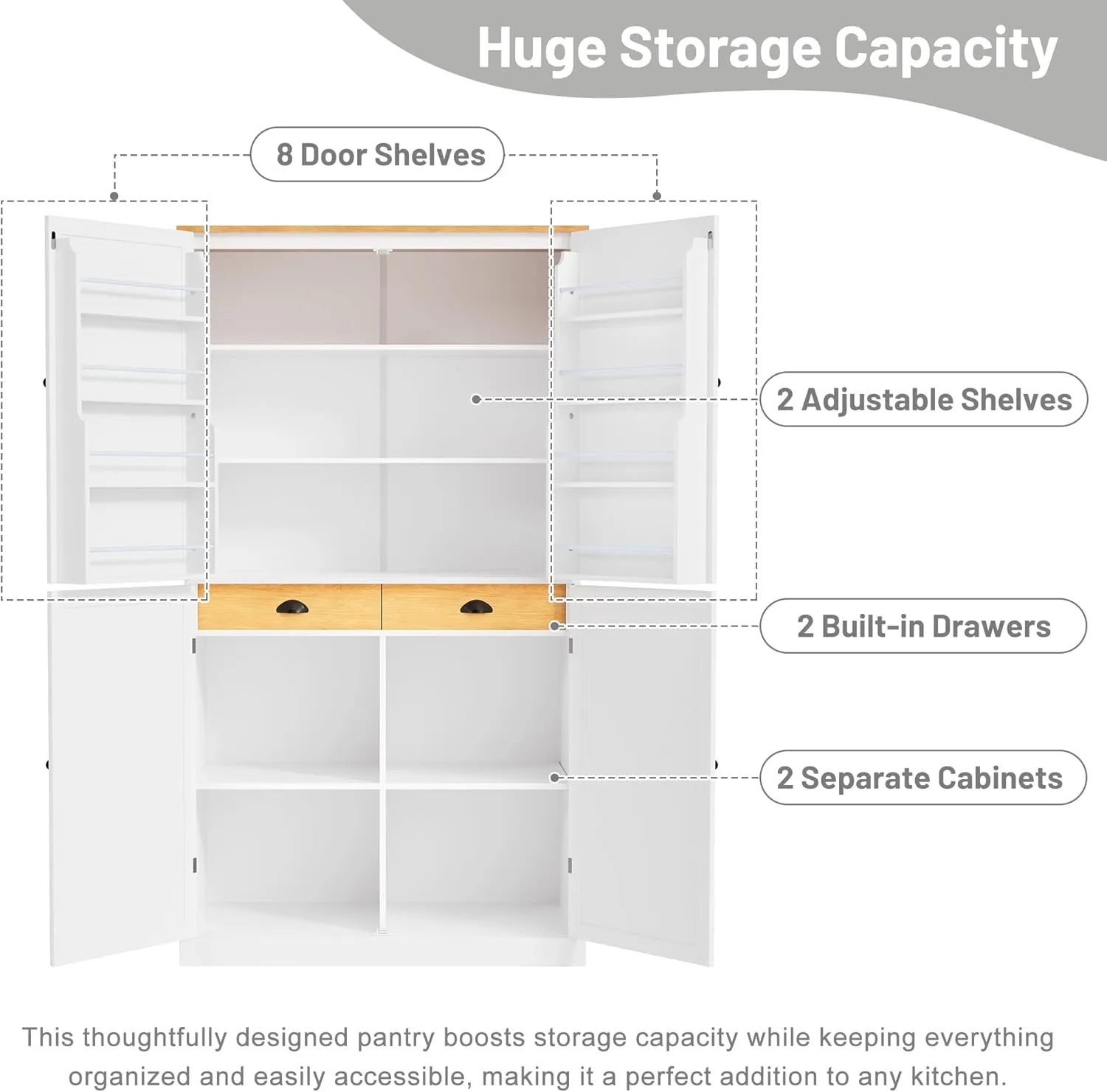 Merax Tall Kitchen Storage Cabinet Pantry Farmhouse Freestanding Large Cupboard with 2 Drawers,2 Adjustable Shelves,8 Shelf for Dining Room,White, 71.3"(w Door)