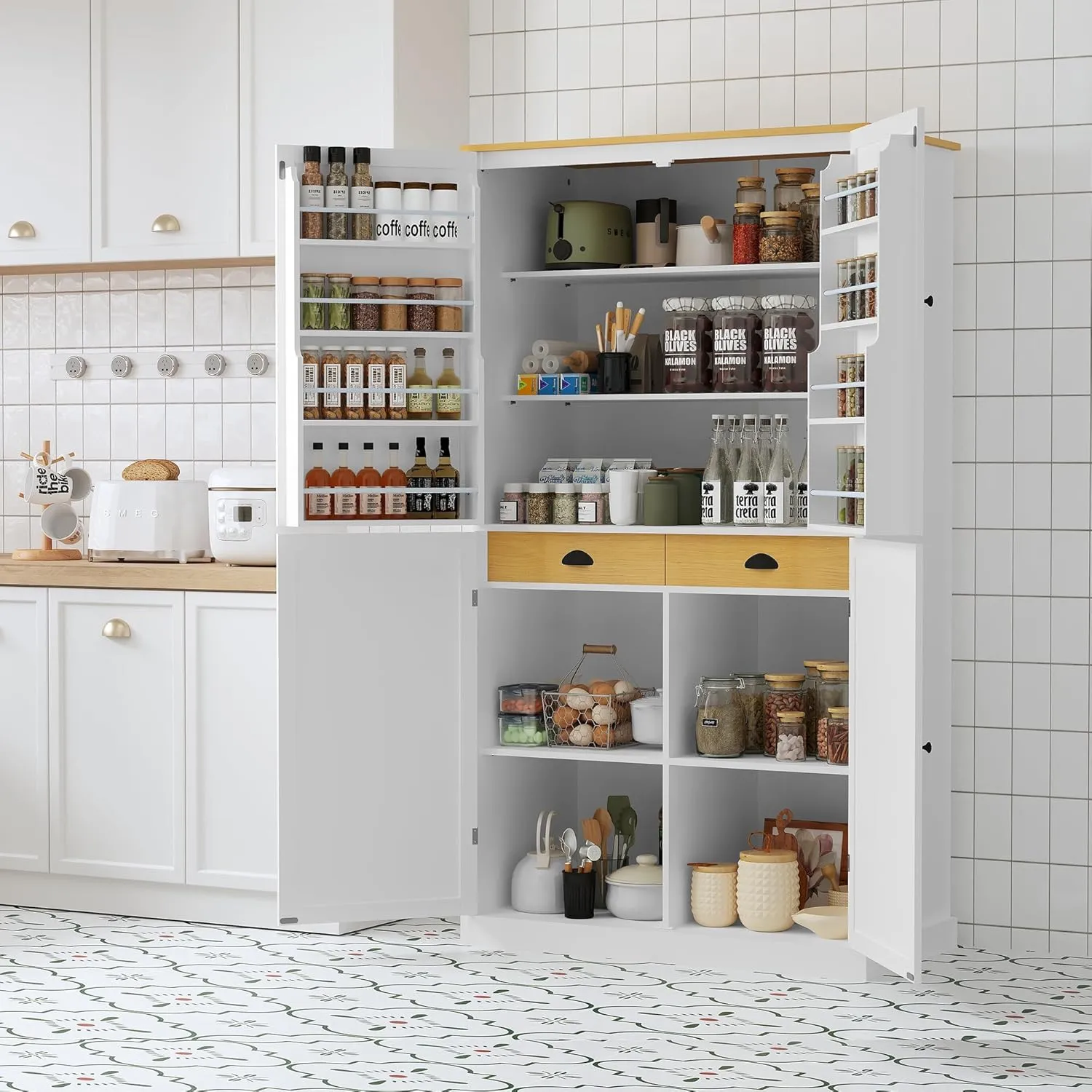 Merax Tall Kitchen Storage Cabinet Pantry Farmhouse Freestanding Large Cupboard with 2 Drawers,2 Adjustable Shelves,8 Shelf for Dining Room,White, 71.3"(w Door)