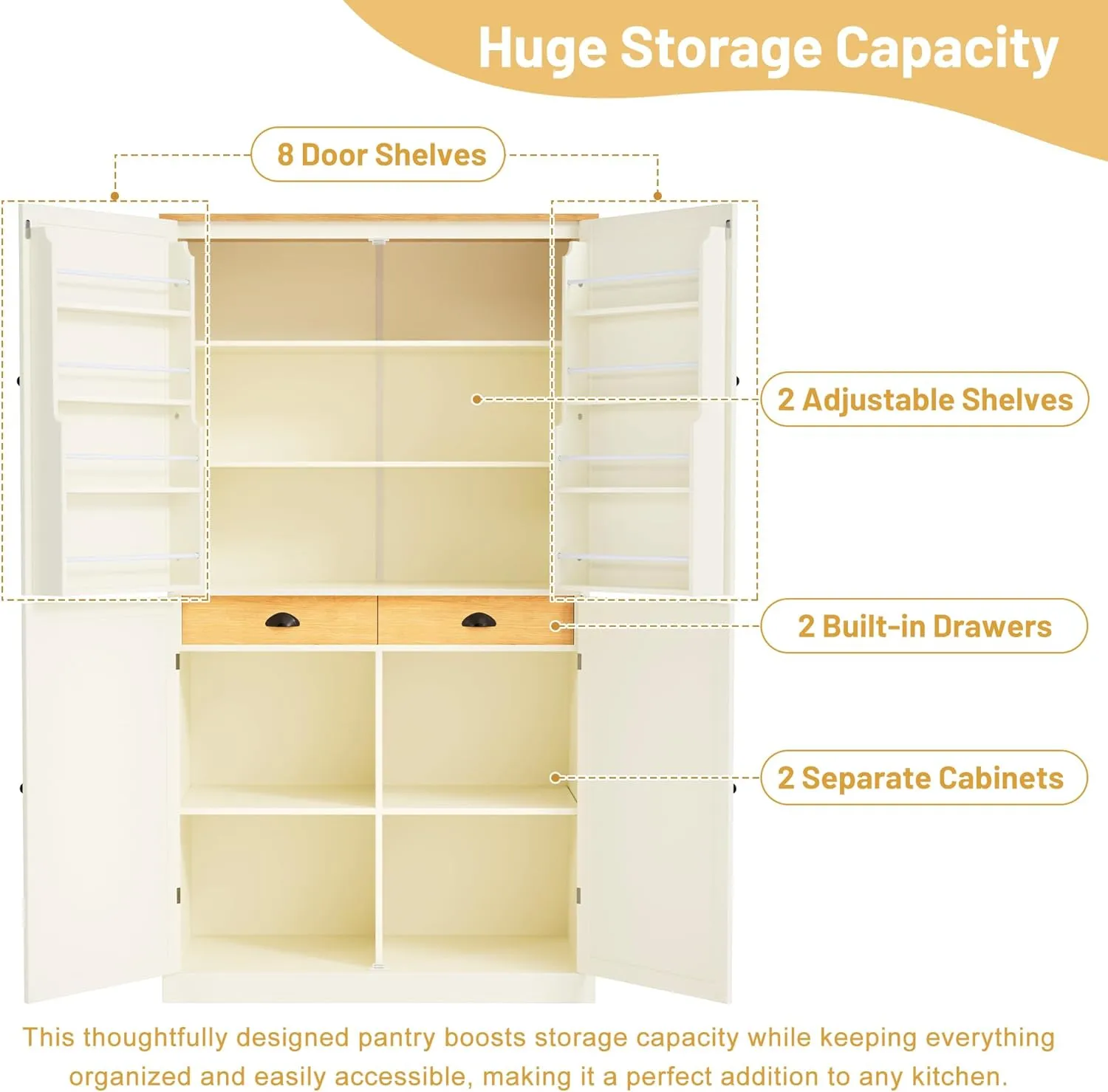 Merax Tall Kitchen Storage Cabinet Pantry Freestanding Large Cupboard with 2 Drawers,2 Adjustable Shelves,8 Shelf for Dining Room,Cream, 71.3"(w Door)