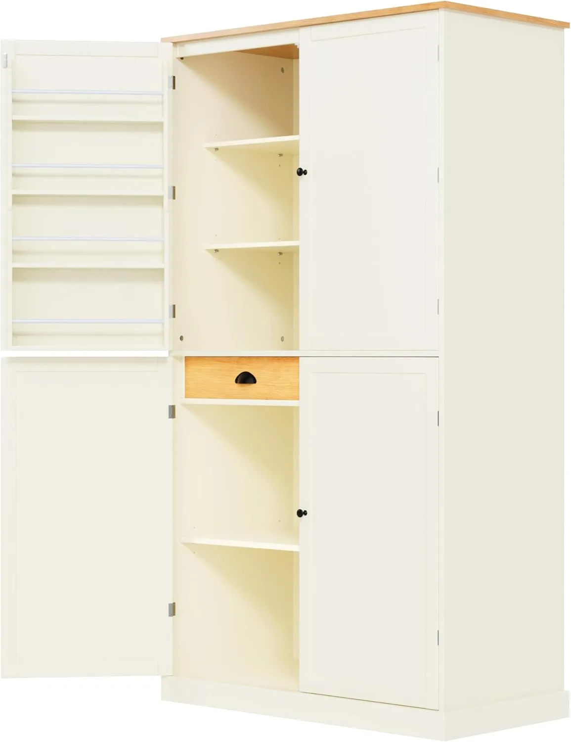 Merax Tall Kitchen Storage Cabinet Pantry Freestanding Large Cupboard with 2 Drawers,2 Adjustable Shelves,8 Shelf for Dining Room,Cream, 71.3"(w Door)