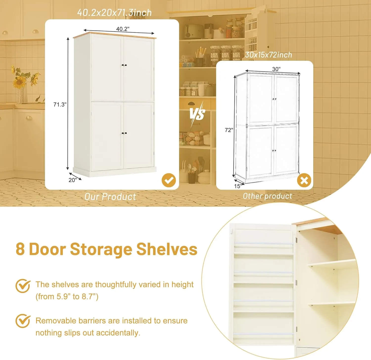 Merax Tall Kitchen Storage Cabinet Pantry Freestanding Large Cupboard with 2 Drawers,2 Adjustable Shelves,8 Shelf for Dining Room,Cream, 71.3"(w Door)