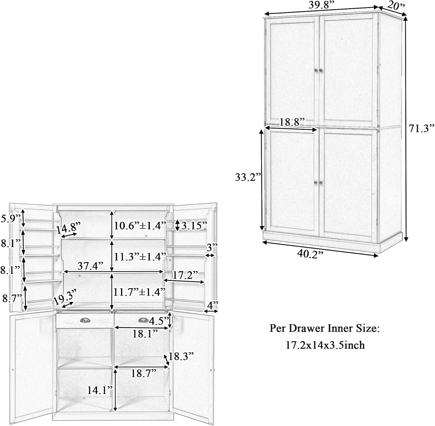Merax Tall Kitchen Storage Cabinet Pantry Freestanding Large Cupboard with 2 Drawers,2 Adjustable Shelves,8 Shelf for Dining Room,Cream, 71.3"(w Door)