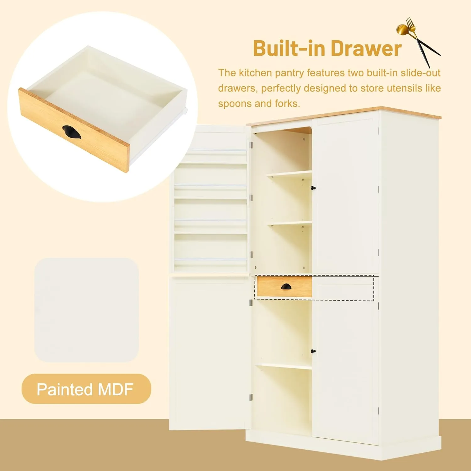 Merax Tall Kitchen Storage Cabinet Pantry Freestanding Large Cupboard with 2 Drawers,2 Adjustable Shelves,8 Shelf for Dining Room,Cream, 71.3"(w Door)