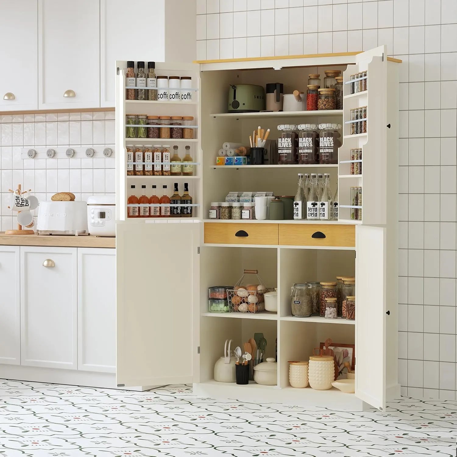 Merax Tall Kitchen Storage Cabinet Pantry Freestanding Large Cupboard with 2 Drawers,2 Adjustable Shelves,8 Shelf for Dining Room,Cream, 71.3"(w Door)