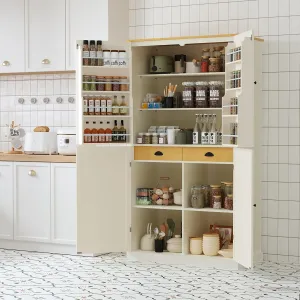 Merax Tall Kitchen Storage Cabinet Pantry Freestanding Large Cupboard with 2 Drawers,2 Adjustable Shelves,8 Shelf for Dining Room,Cream, 71.3"(w Door)