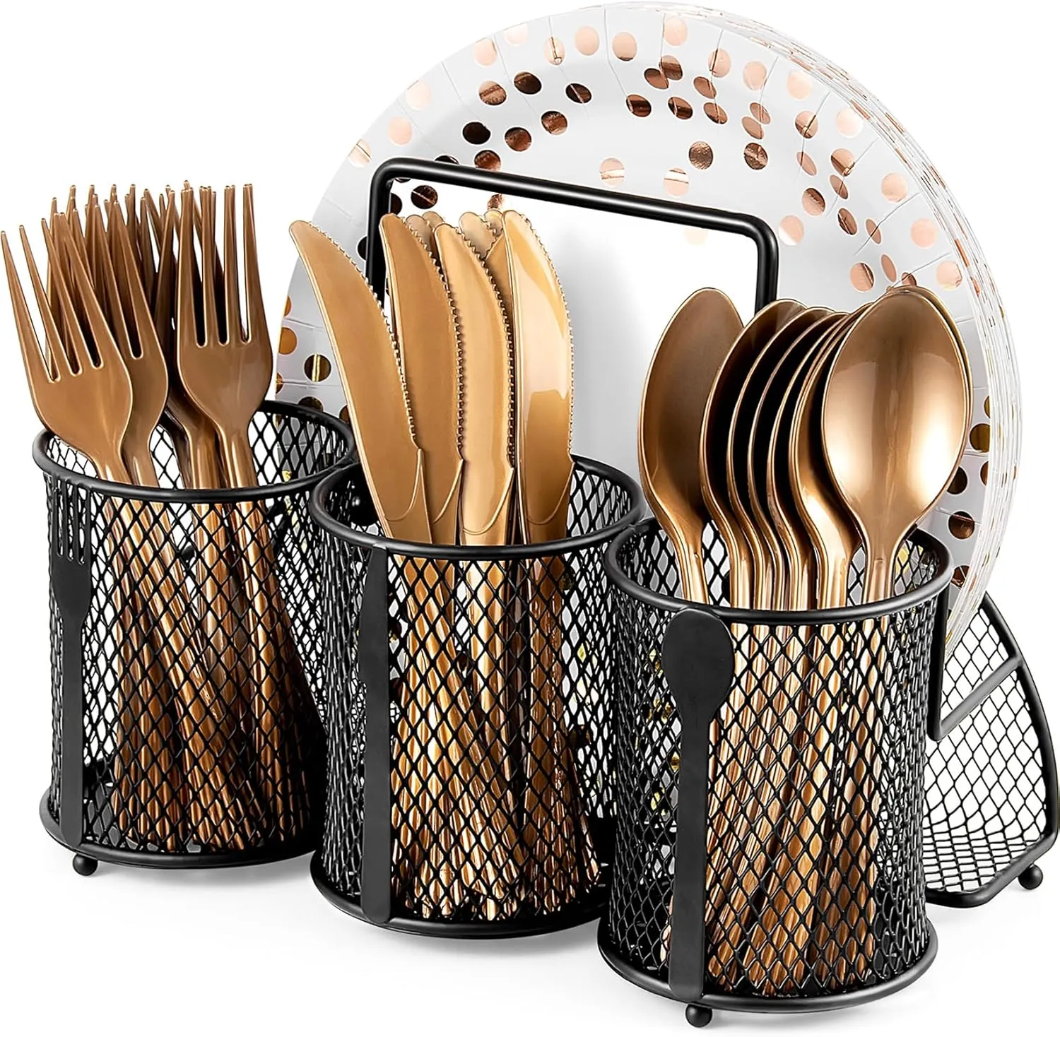 Metal Utensil Caddy Silverware Organizer, Paper Plate Holder Cutlery Container, Flatware Spoon Fork Storage for Outdoor Party Camping Picnic Buffet RV BBQ Farmhouse Kitchen Countertop (Black)