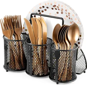 Metal Utensil Caddy Silverware Organizer, Paper Plate Holder Cutlery Container, Flatware Spoon Fork Storage for Outdoor Party Camping Picnic Buffet RV BBQ Farmhouse Kitchen Countertop (Black)