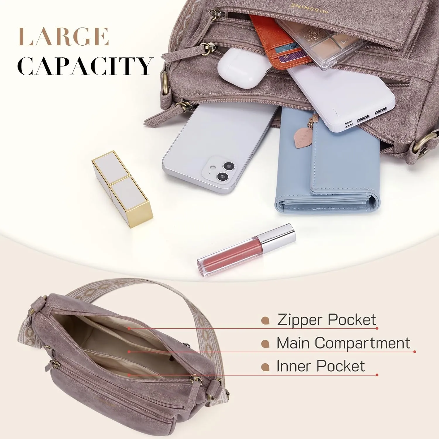 Missnine Crossbody Bags for Women, Medium Size Purses With Wide Shoulder Strap, Leather Trendy Cross Body Shoulder Handbags