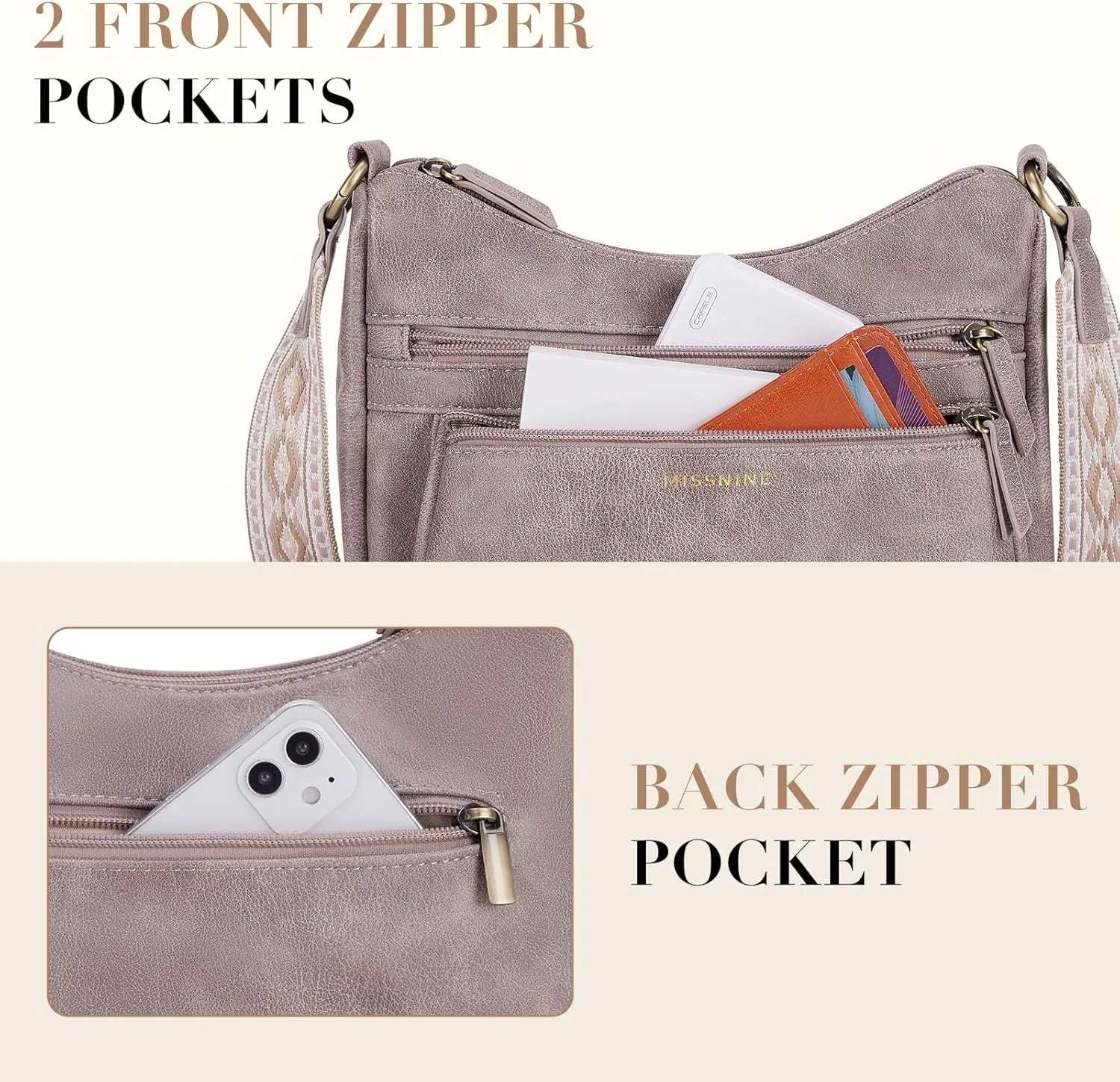 Missnine Crossbody Bags for Women, Medium Size Purses With Wide Shoulder Strap, Leather Trendy Cross Body Shoulder Handbags