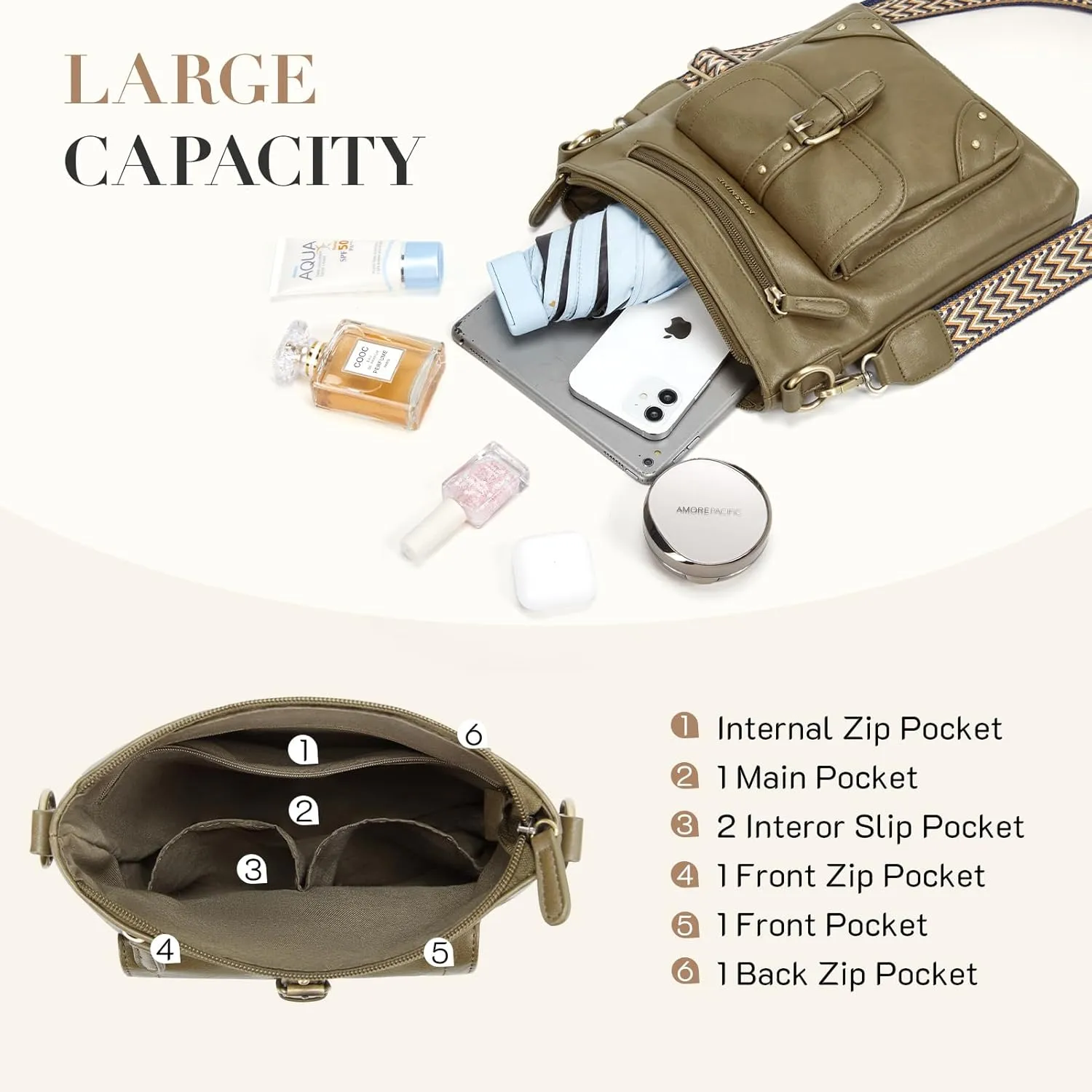 Missnine Crossbody Bags for Women Multi Pocket Purses Soft Leather Medium Shoulder Handbags with Adjustable Strap