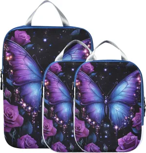 MNSRUU Compression Packing Cubes for Suitcases 3 Set, Butterfly Rose Travel Luggage Organiser Portable Toiletry Storage Bags for Clothes Shoes Home Storage