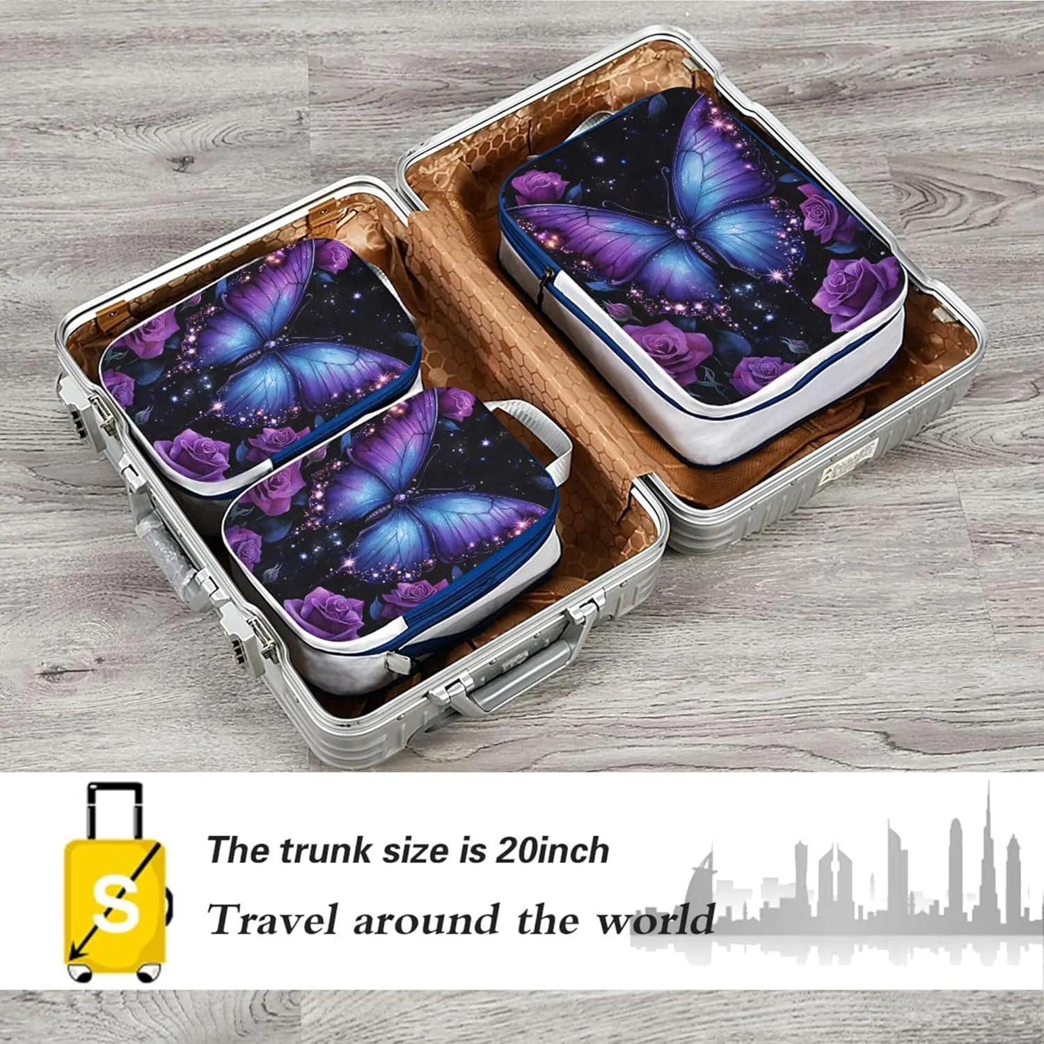 MNSRUU Compression Packing Cubes for Suitcases 3 Set, Butterfly Rose Travel Luggage Organiser Portable Toiletry Storage Bags for Clothes Shoes Home Storage