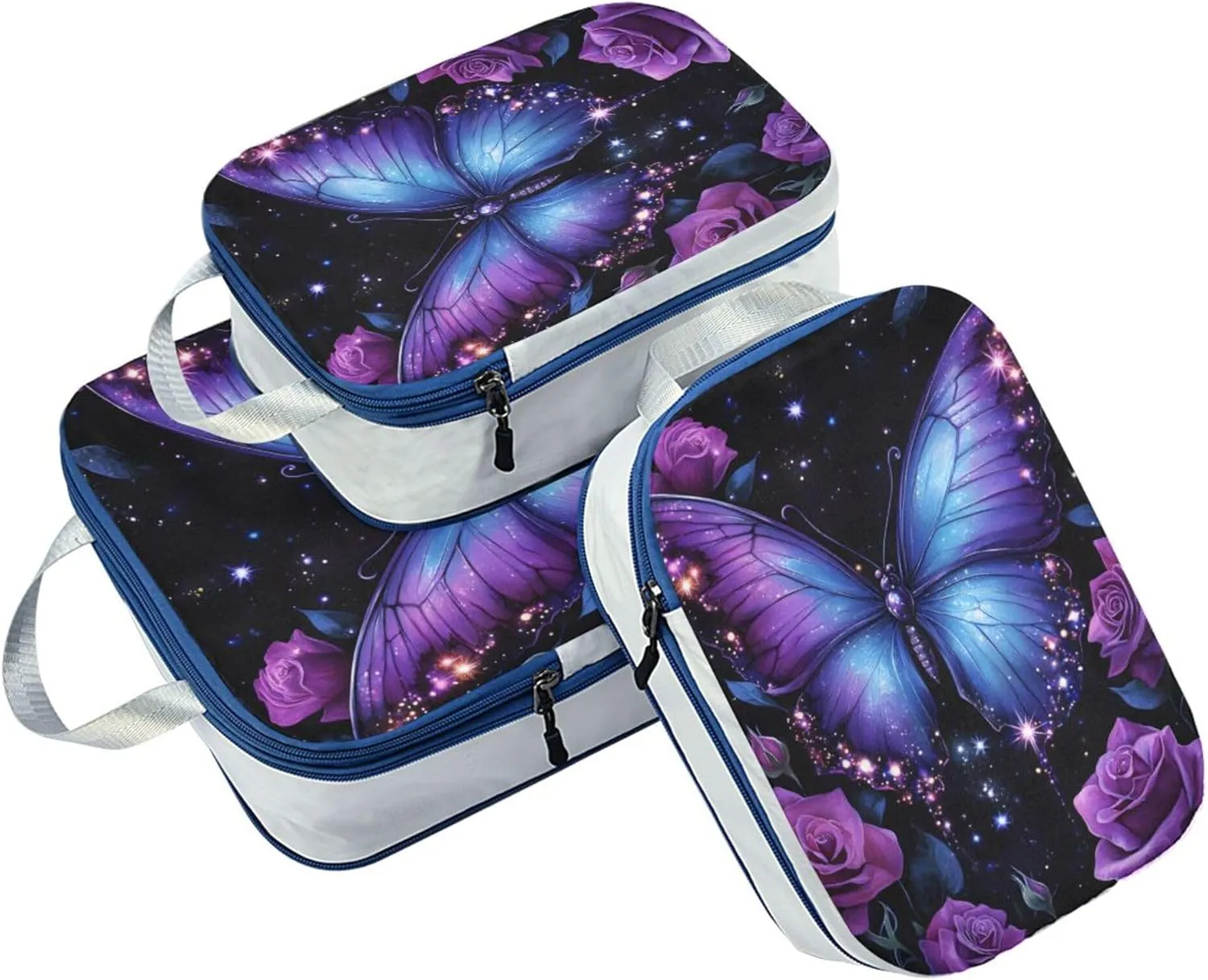 MNSRUU Compression Packing Cubes for Suitcases 3 Set, Butterfly Rose Travel Luggage Organiser Portable Toiletry Storage Bags for Clothes Shoes Home Storage